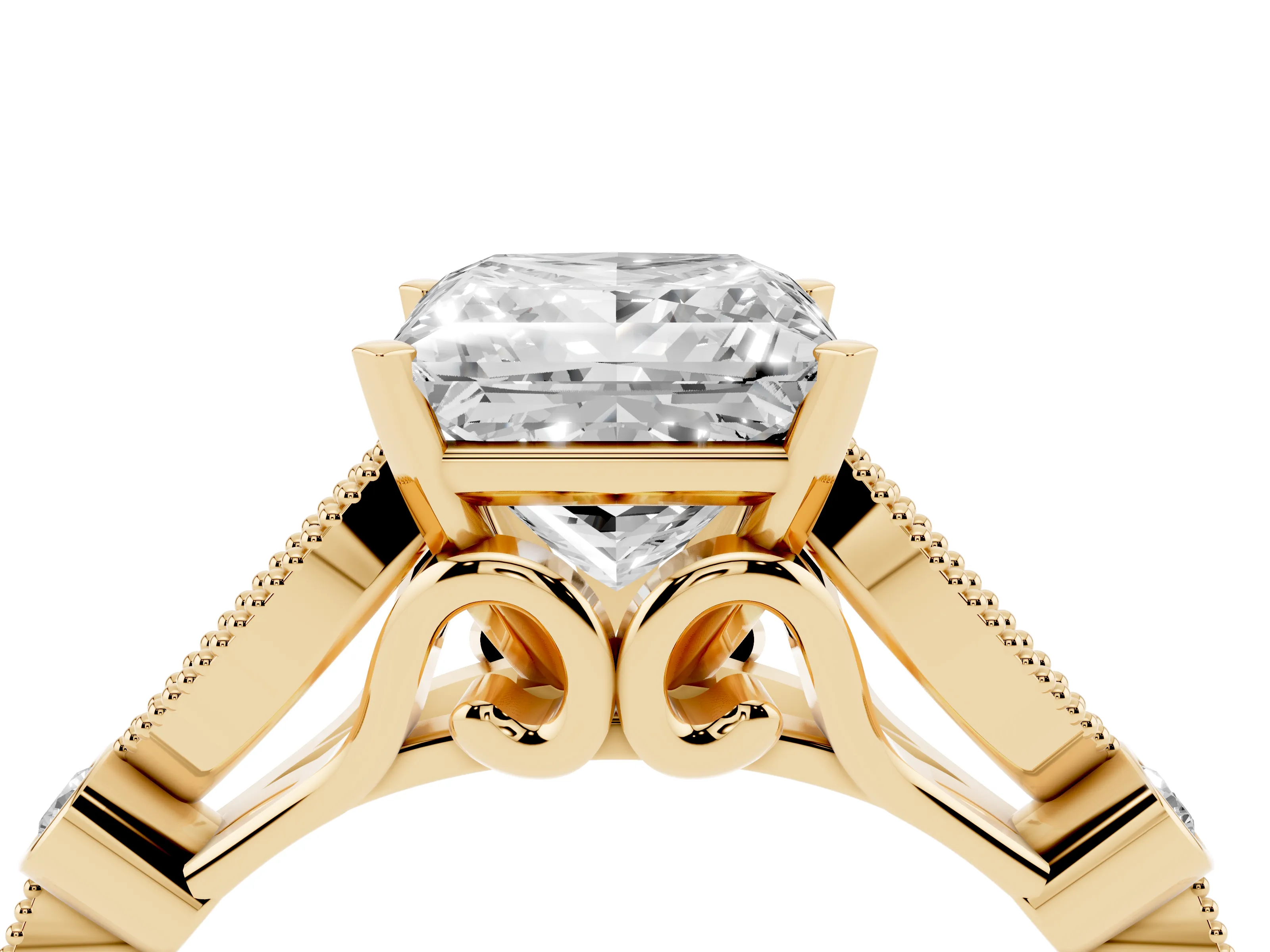 Princess Cut Diamond Solitaire Ring Set in Yellow gold with Milgrain Marquise and Bezel Accents