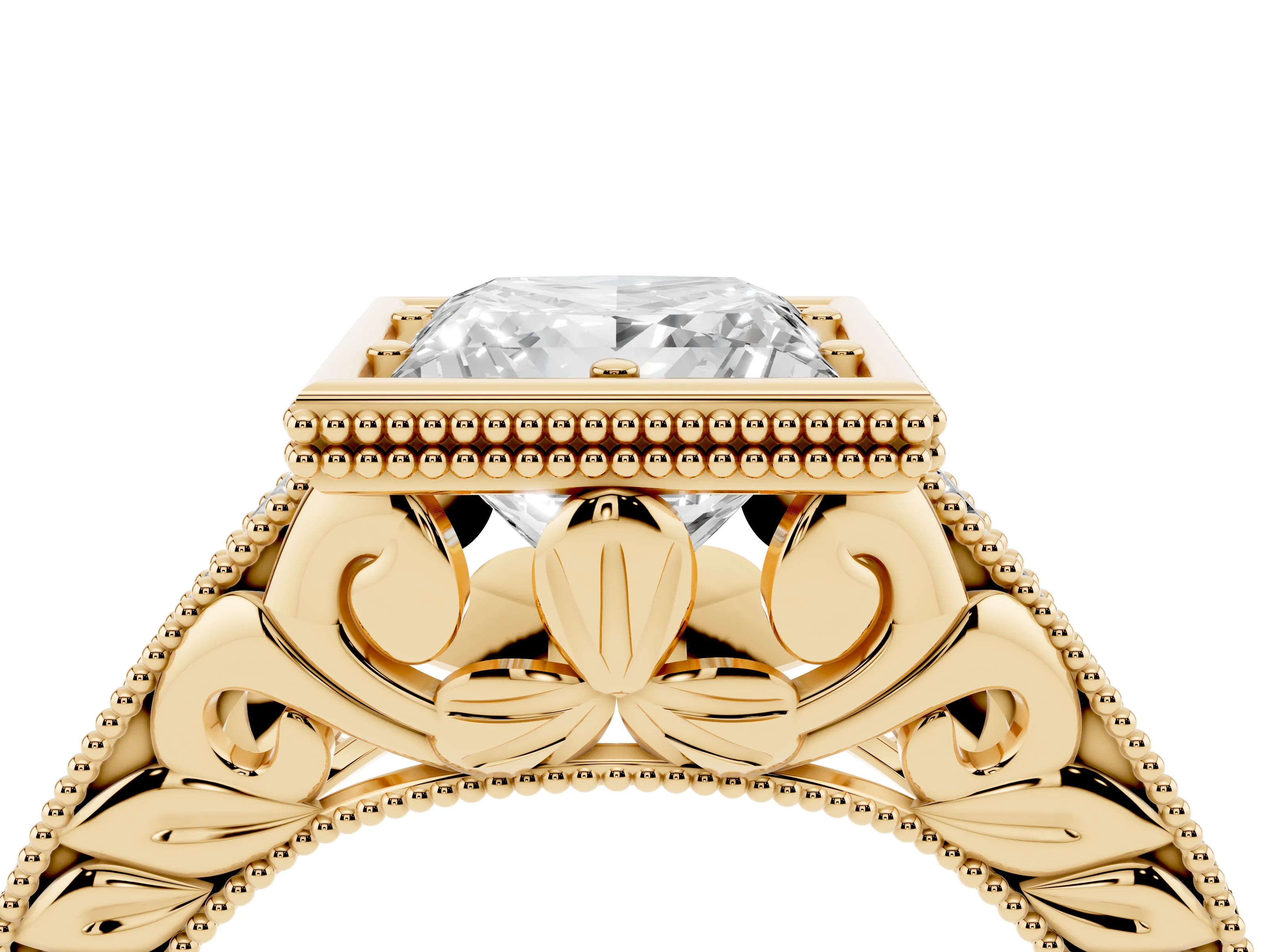 Bezel Set Princess Cut Diamond Milgrain Pavé Engagement Ring Set in Yellow gold