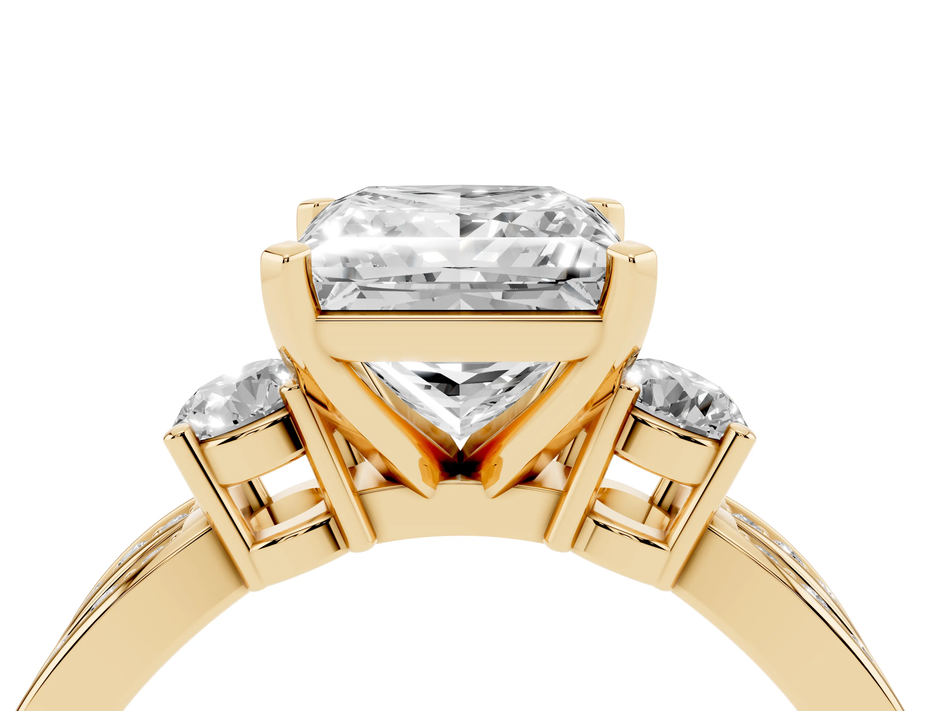 Three-Stone Princess Cut Diamond Twist Band Ring Set in Yellow gold with Pavé Accents and Prong Setting