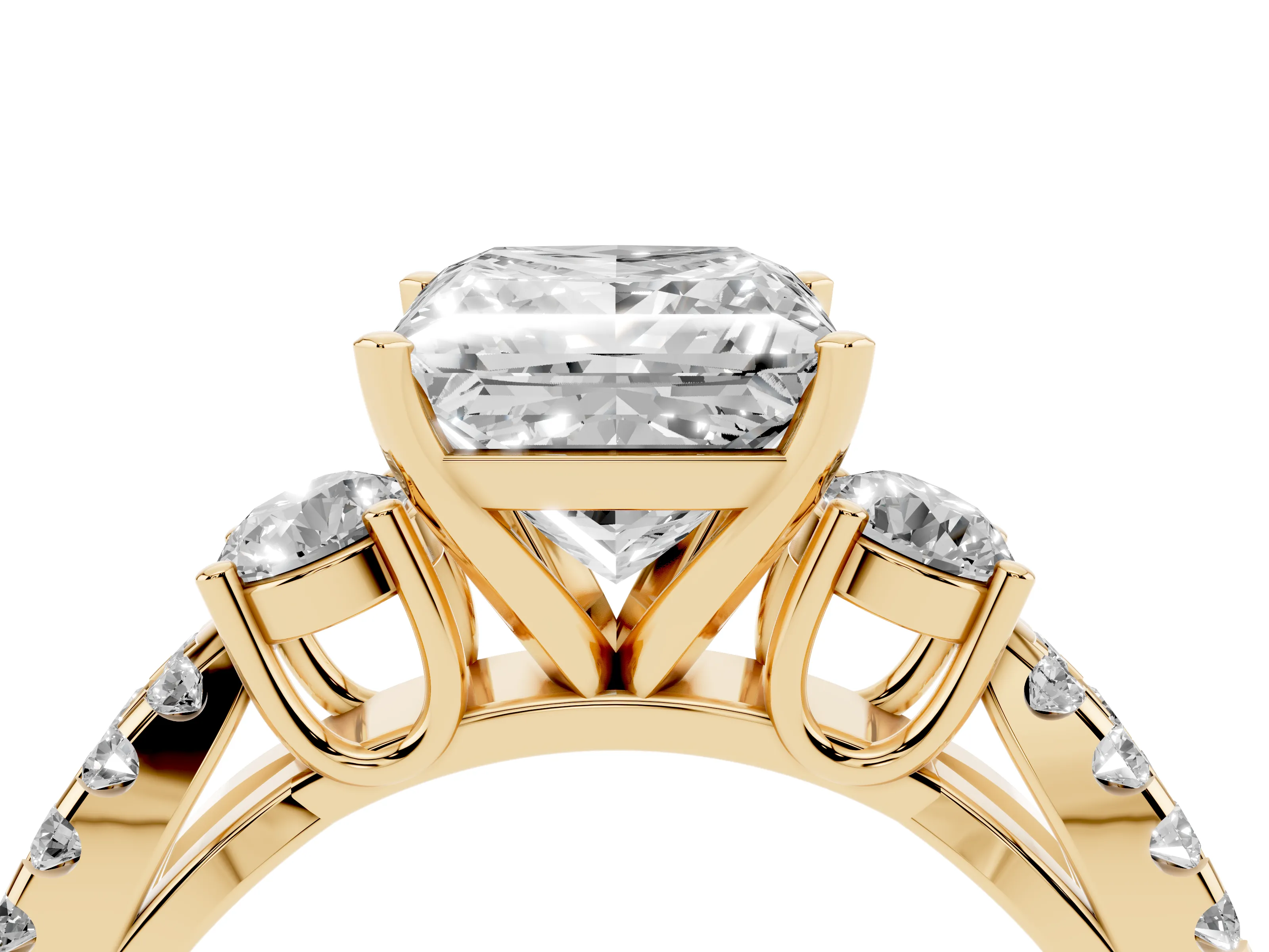 Princess Cut Diamond Three-Stone Ring Set in Yellow gold with Pavé Split Shank and Prong Setting