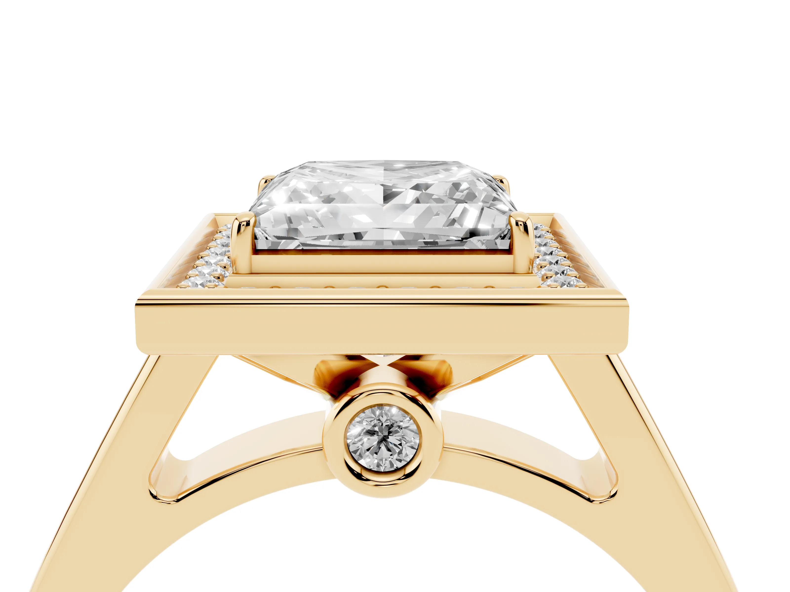 Princess Cut Diamond Halo Solitaire Ring Set in Yellow gold with Pavé Band and Bezel Setting