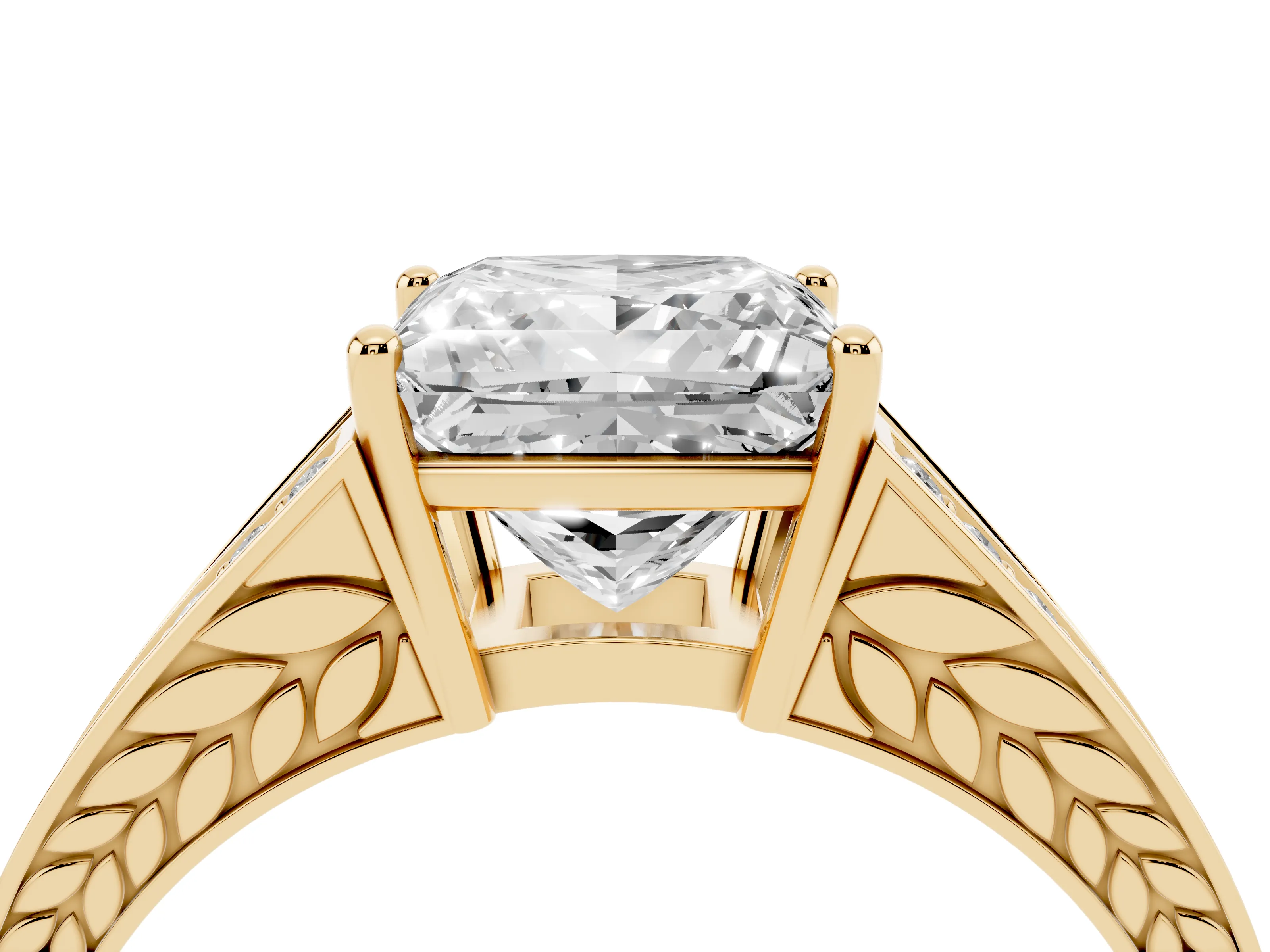 Princess Cut Diamond Split Shank Ring Set in Yellow gold with Pavé Band and Prong Setting