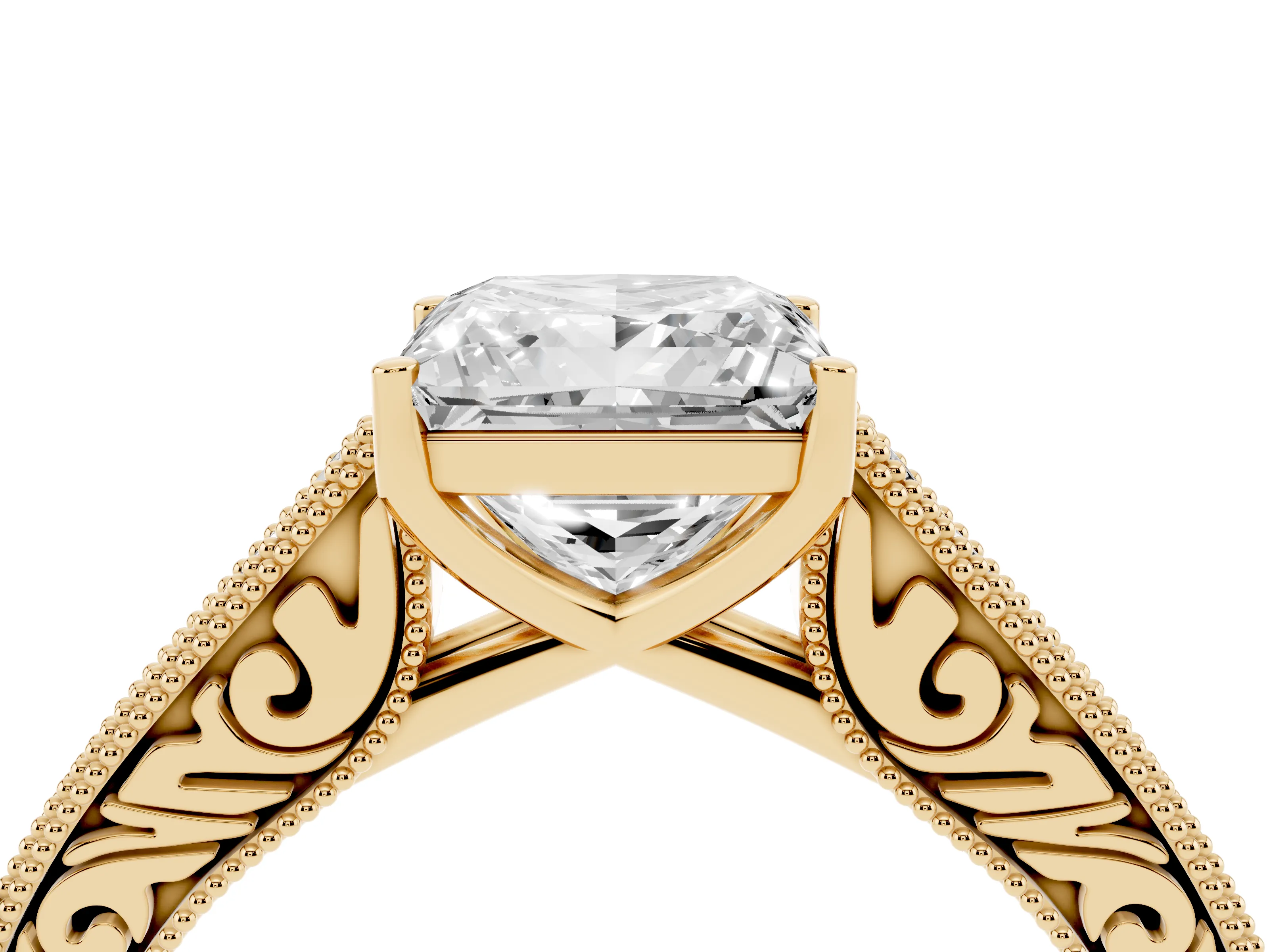 Princess Cut Diamond Milgrain Pavé Band Solitaire Ring Set in Yellow gold with Prong Setting
