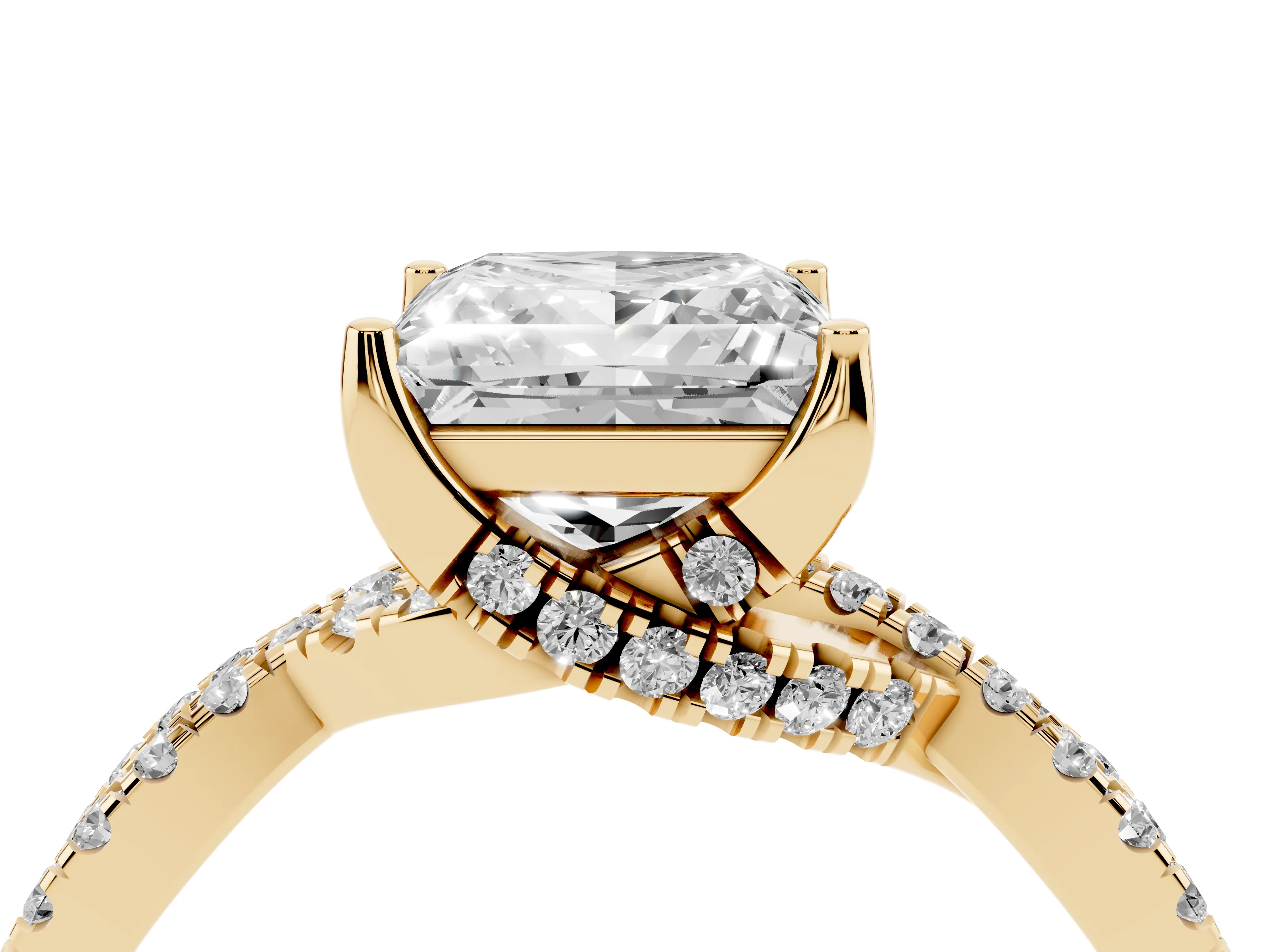 Princess Cut Diamond Twist Pavé Solitaire Engagement Ring Set in Yellow gold with Prong Setting
