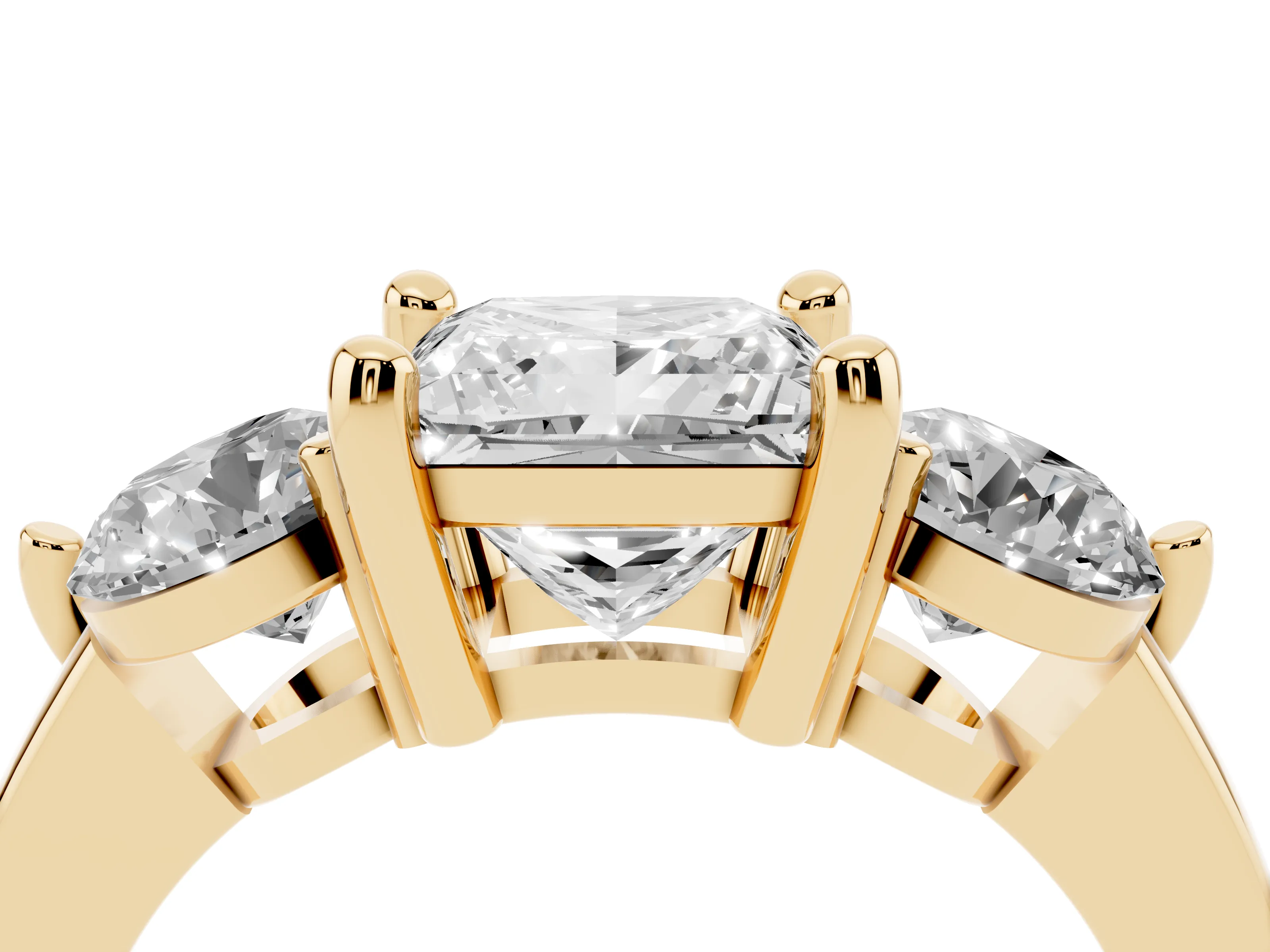 Princess Cut Diamond Three-Stone Ring Set in Yellow gold with Prong Setting and Classic Band