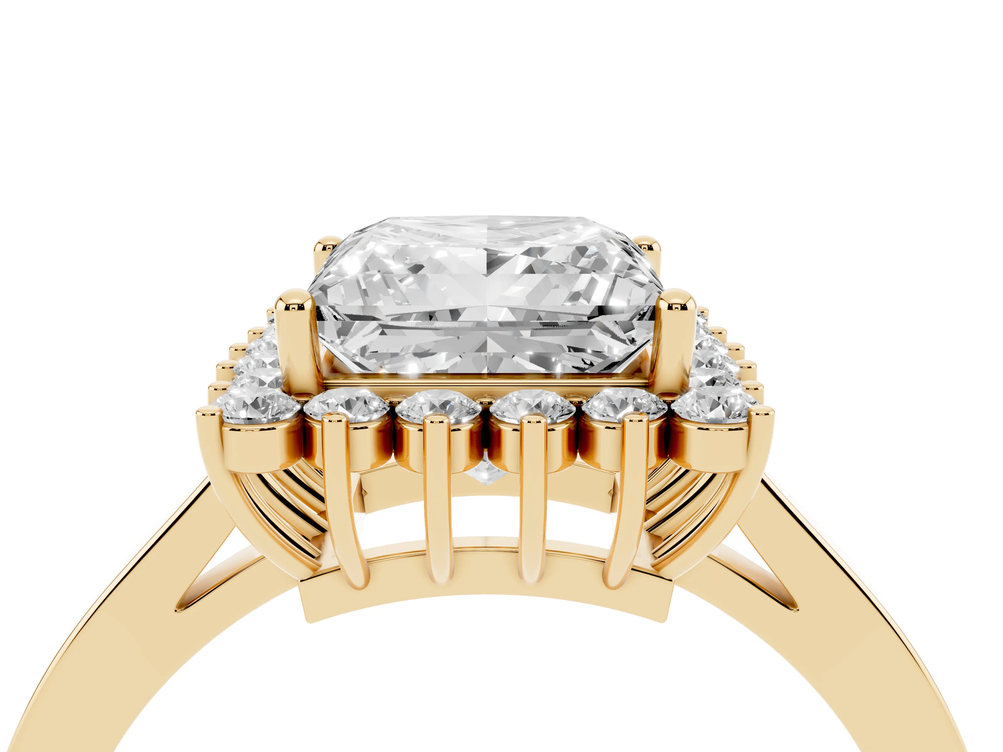 Princess Cut Diamond Halo Ring Set in Yellow gold with Round Halo and Smooth Solitaire Band
