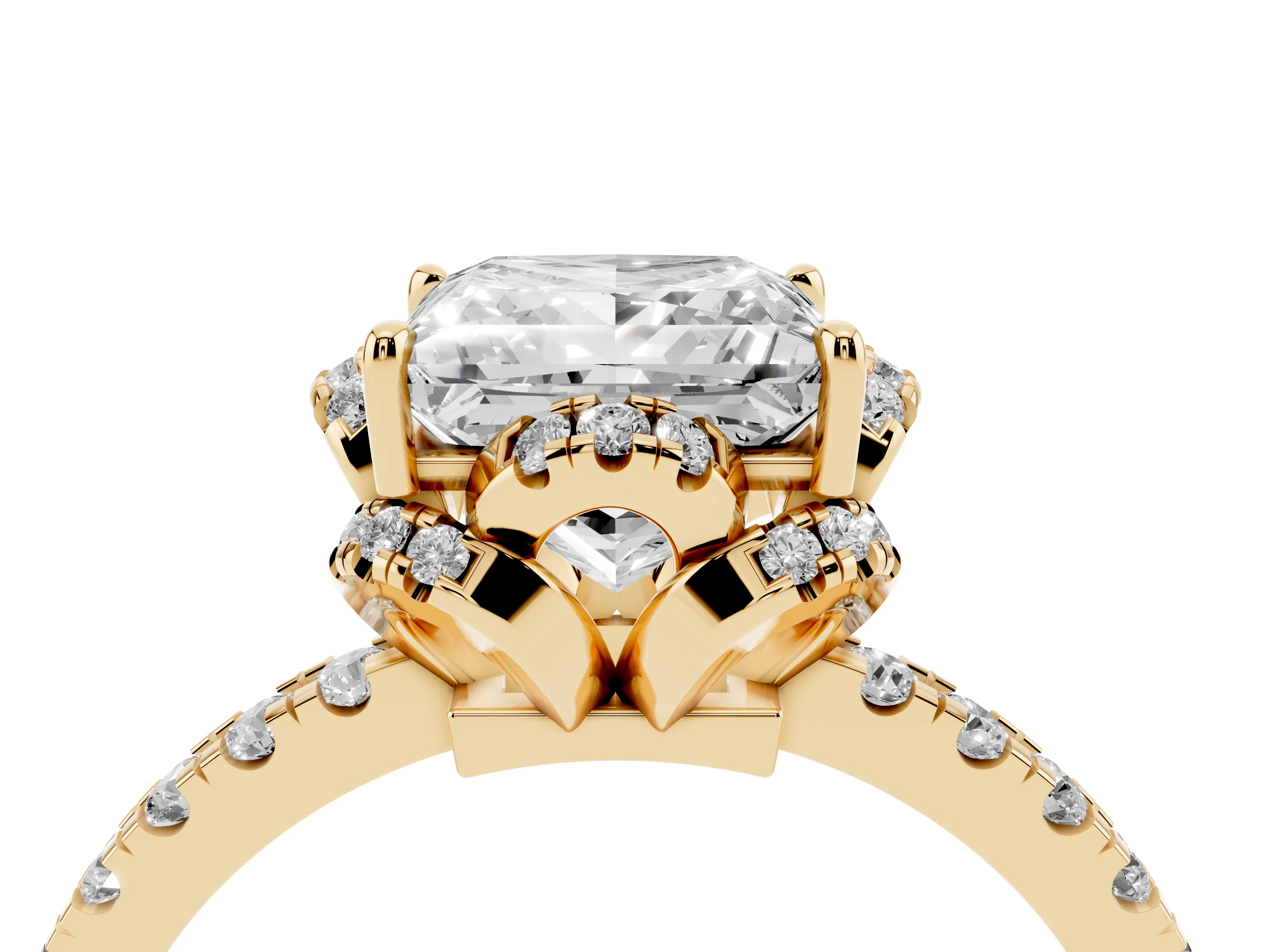 Princess Cut Diamond Halo Pavé Band Ring Set in Yellow gold with Prong-Held Center