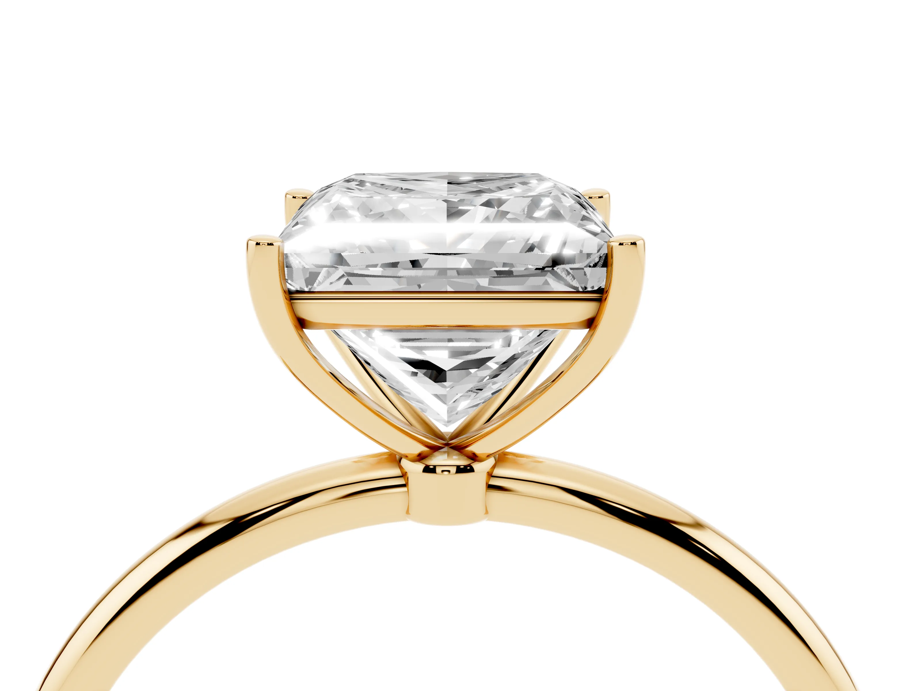 Princess Cut Diamond Solitaire Engagement Ring Set in Yellow gold with Thin Band and Prong Setting