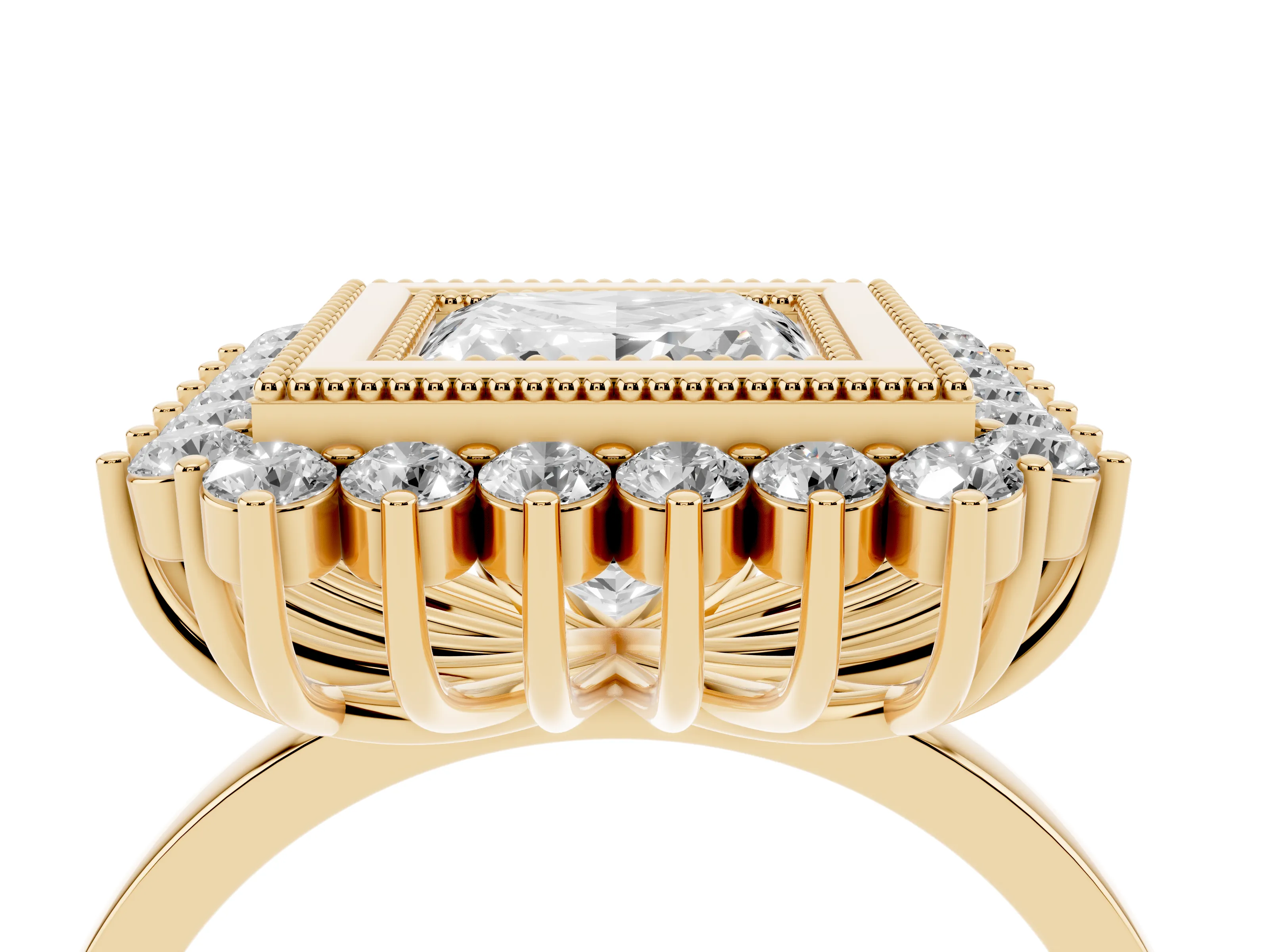 Princess Cut Diamond Halo Ring Set in Yellow gold with Milgrain Edge and Round Prong Setting