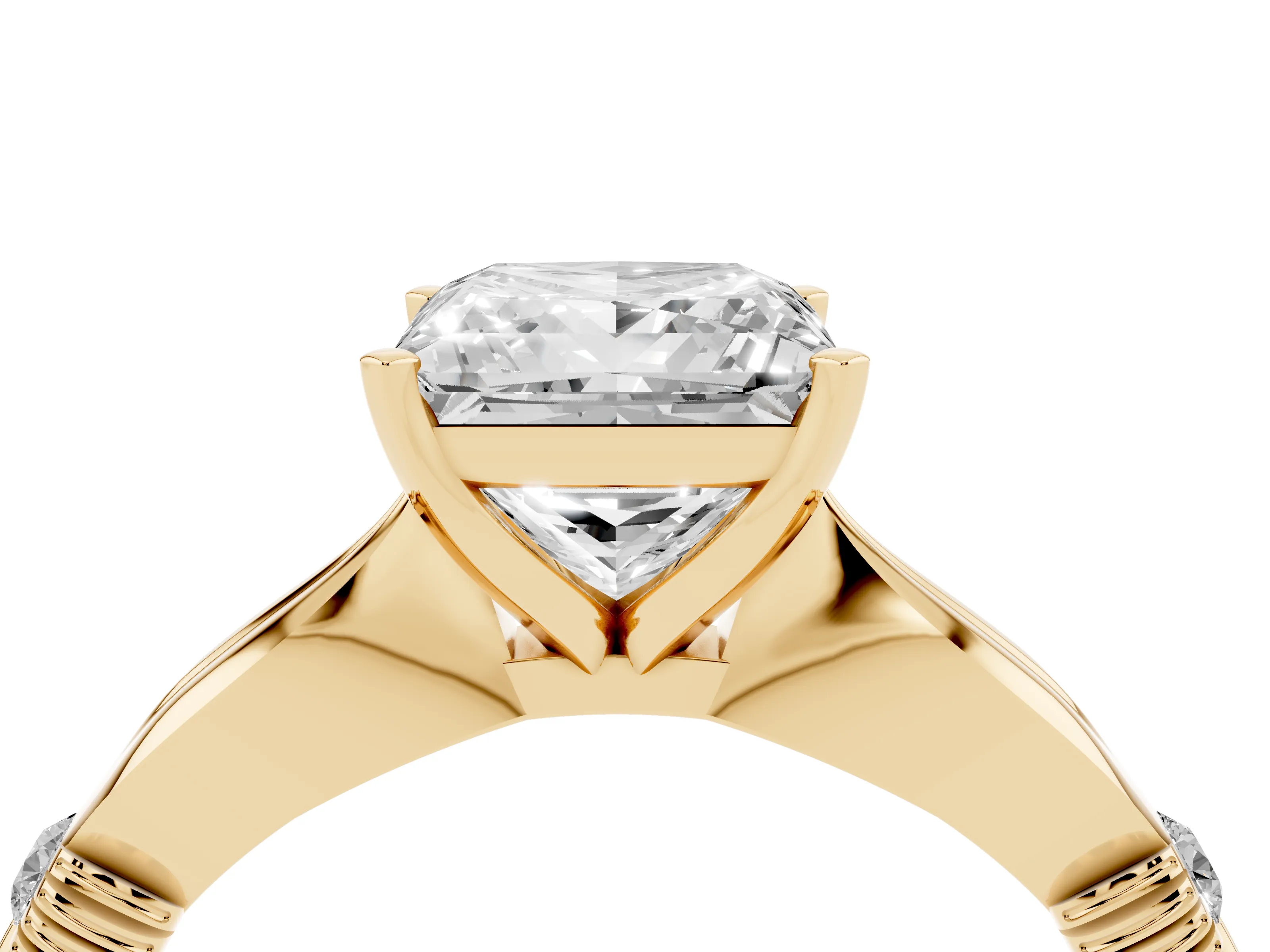 Princess Cut Diamond Solitaire Twisted Band Ring Set in Yellow gold with Accent Stones and Prong Setting