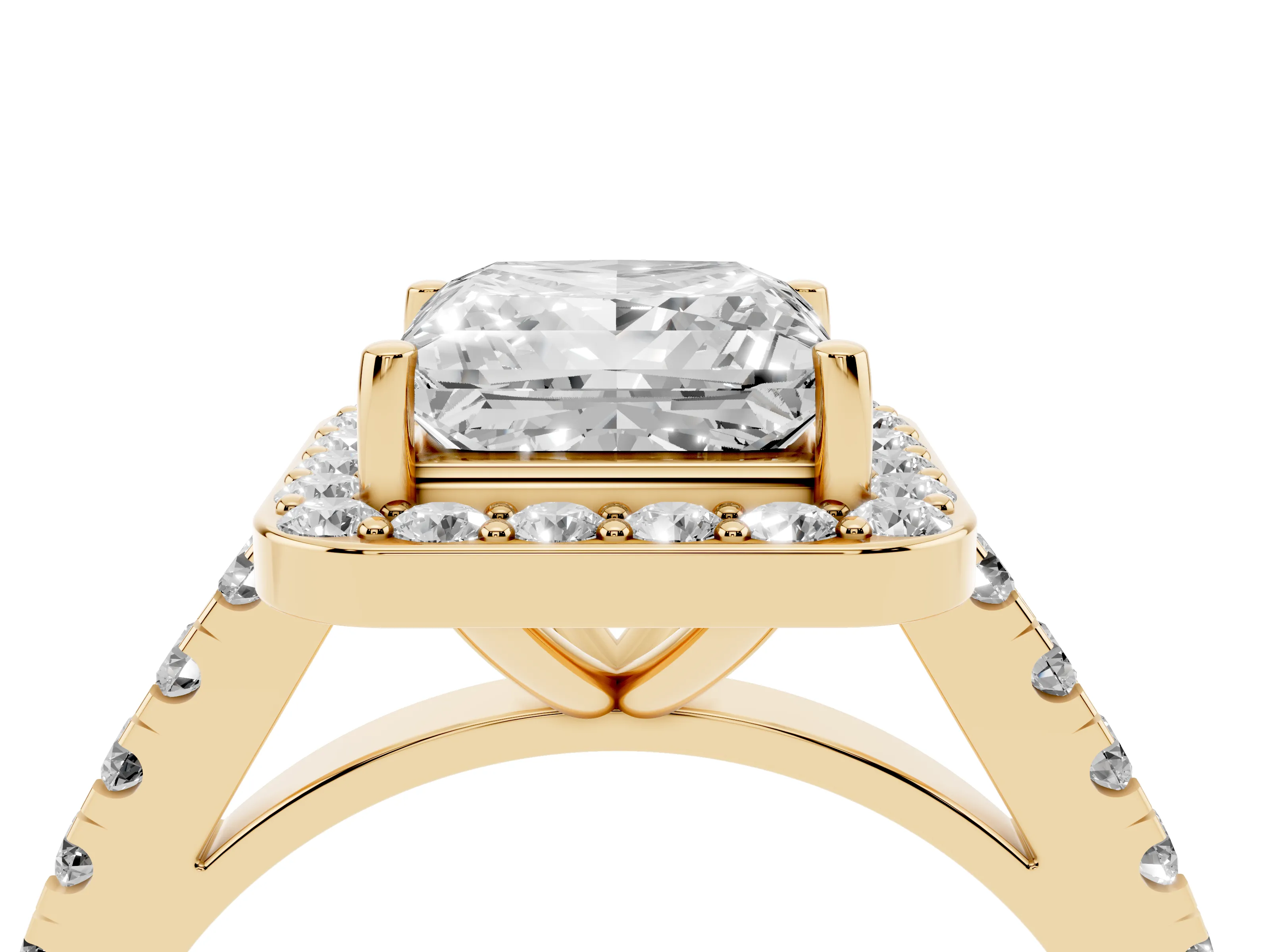 Princess Cut Diamond Halo Ring Set in Yellow gold with Round Pavé Split Shank and Prong Setting