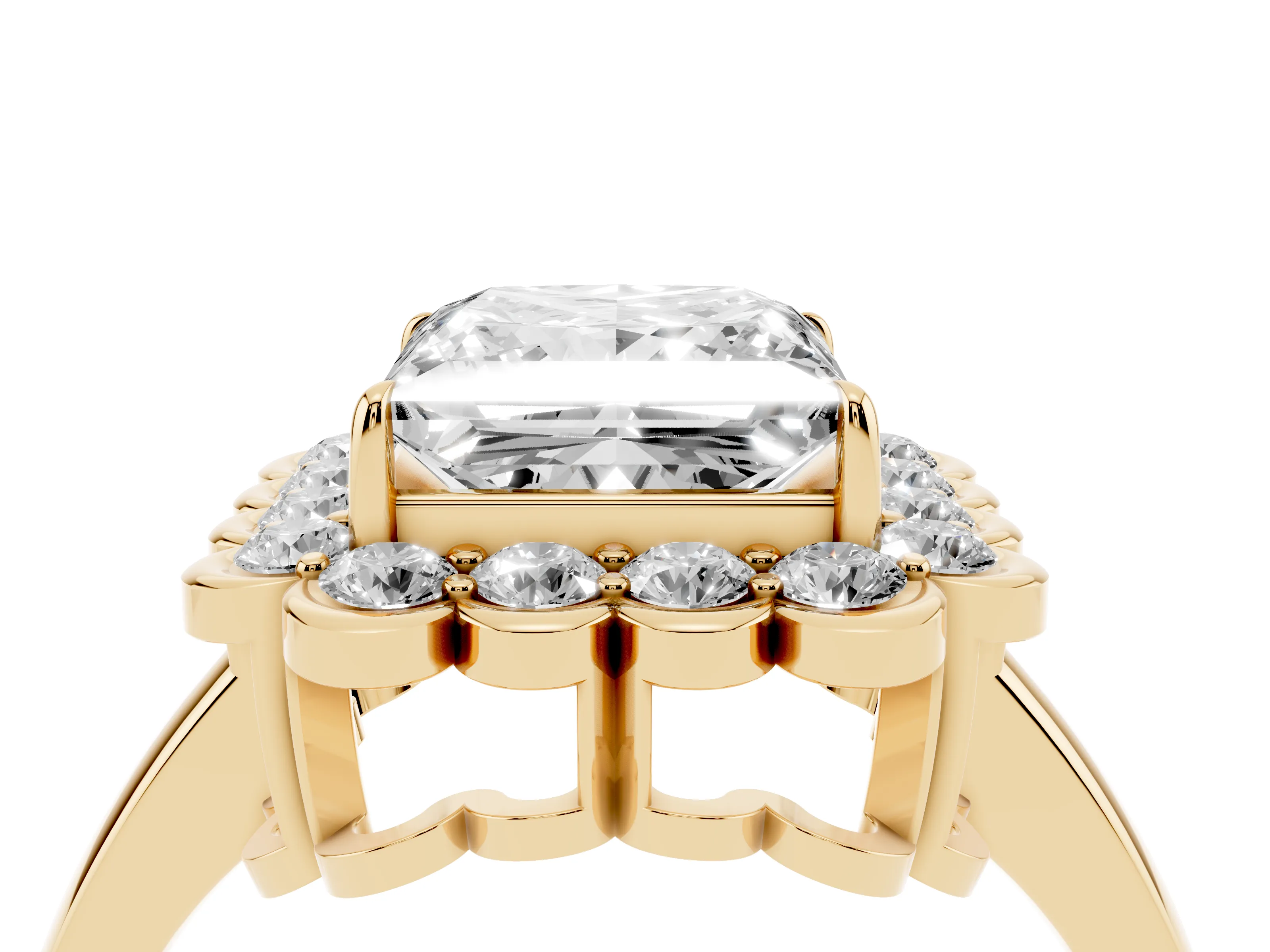 Princess Cut Diamond Halo Cluster Engagement Ring Set in Yellow gold with Solitaire Band and Prong Setting