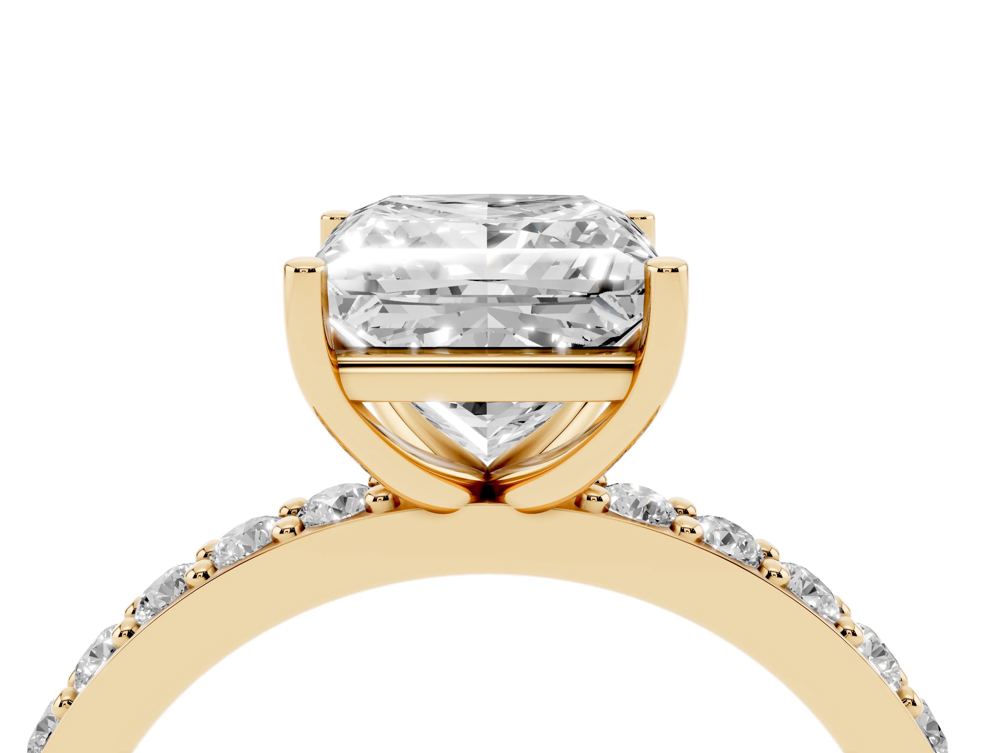 Princess Cut Diamond Solitaire Set in Yellow gold with Round Pavé Band and Prong Setting
