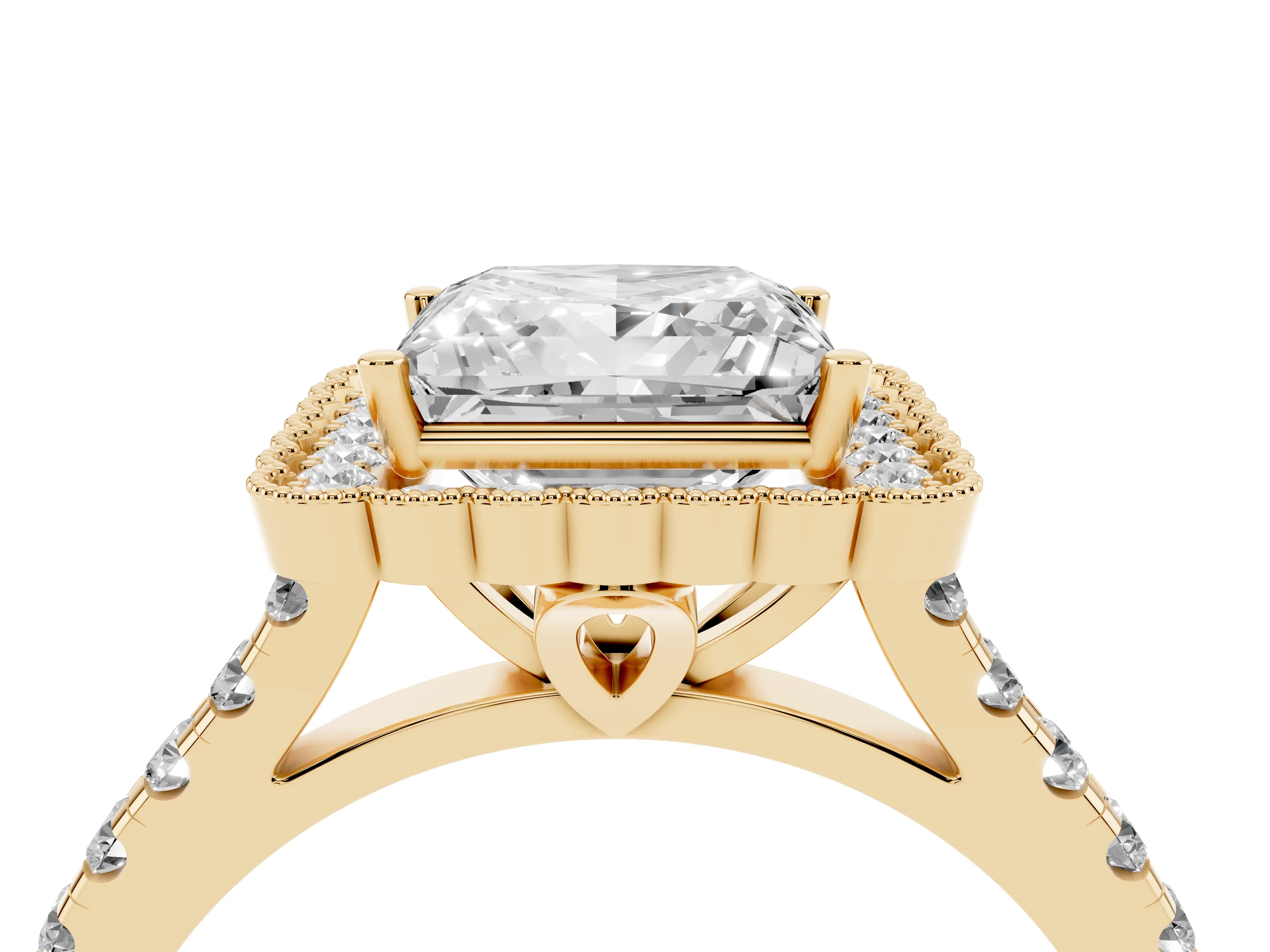 Princess Cut Diamond Milgrain Floral Halo Engagement Ring Set in Yellow gold with Pavé Band
