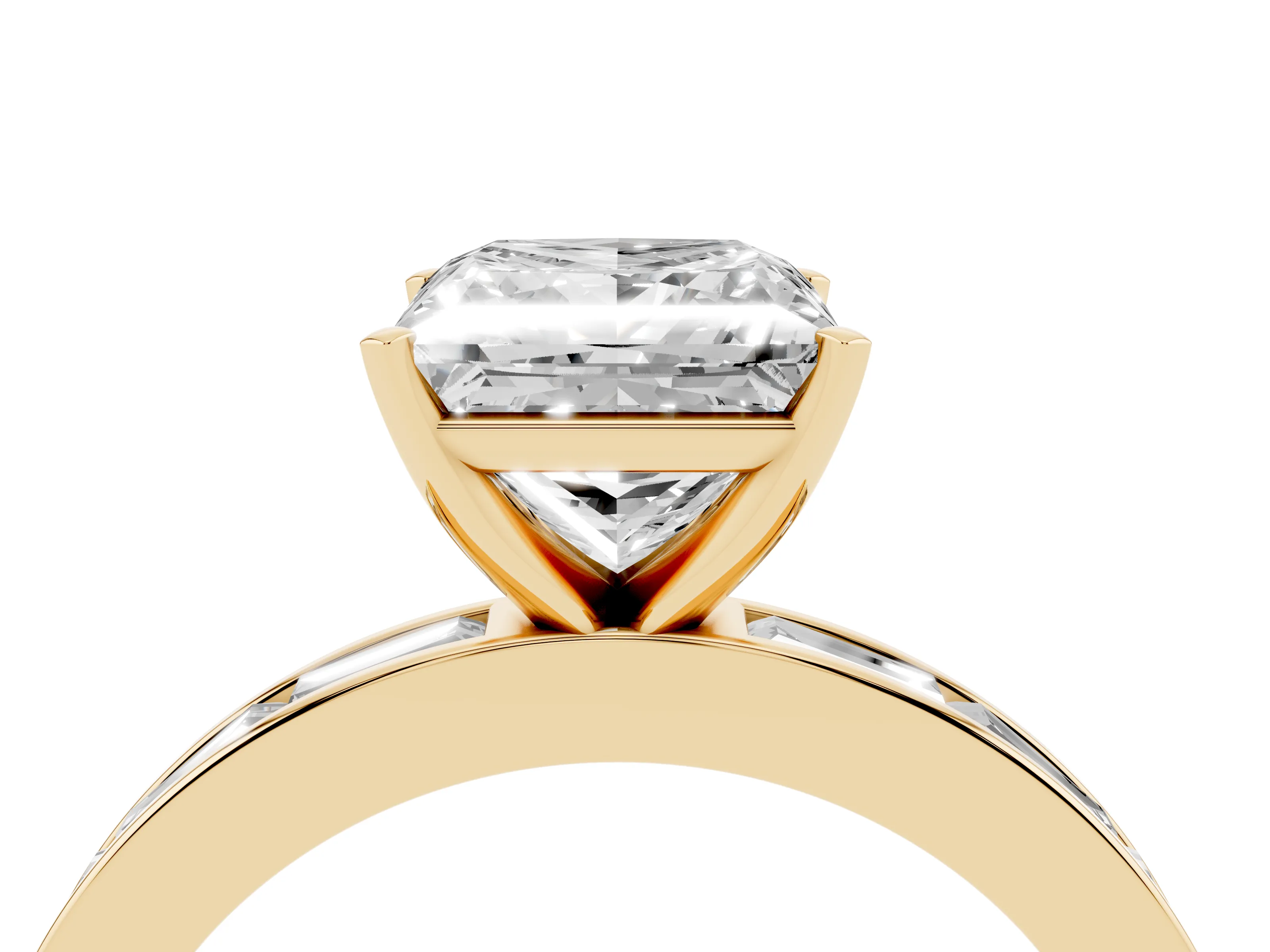 Princess Cut Diamond Solitaire Ring Set in Yellow gold with Channel-Set Baguette Band and Prong Setting