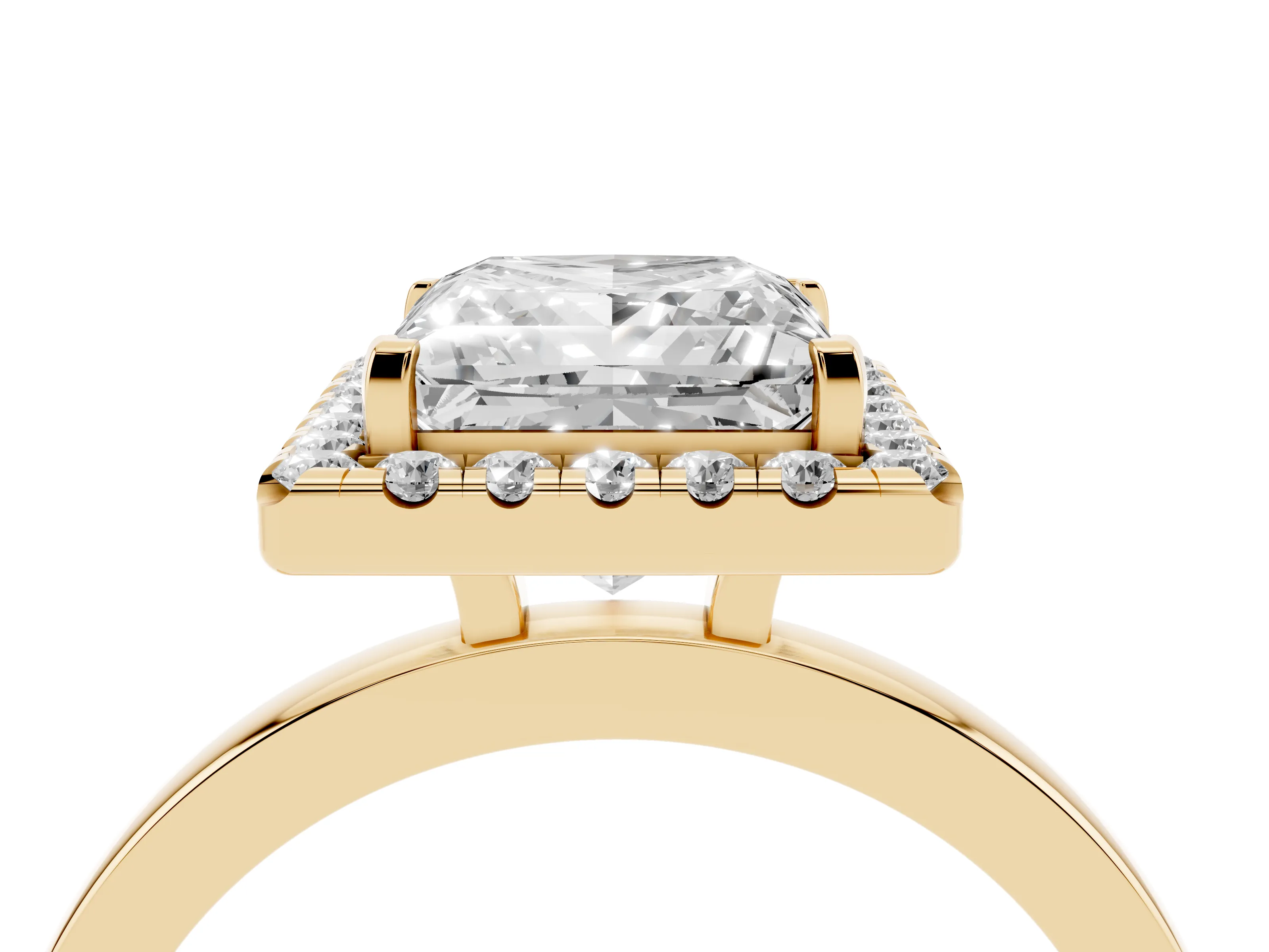 Princess Cut Diamond Halo Solitaire Ring Set in Yellow gold with Pavé Band and Prong Setting