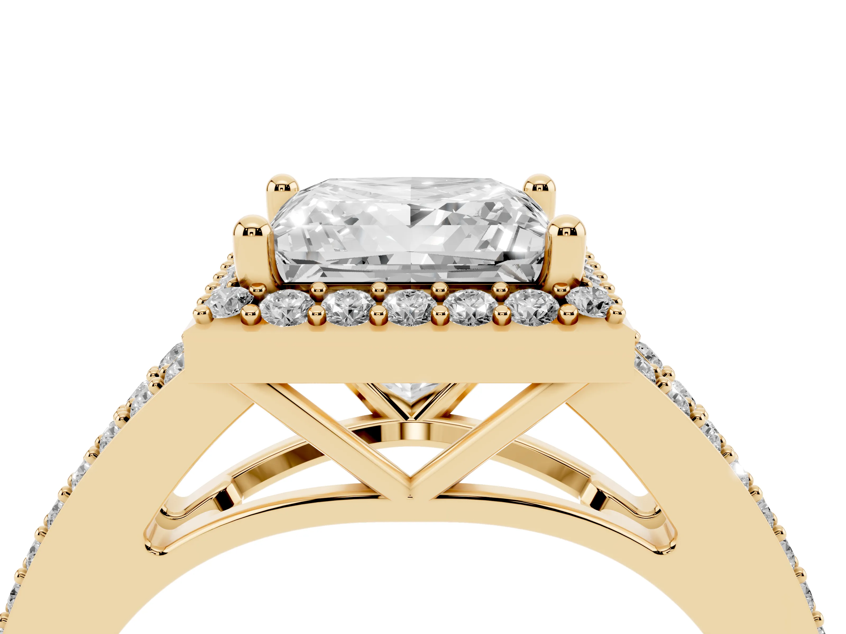 Princess Cut Diamond Halo Split Shank Pavé Ring Set in Yellow gold with Prong Setting