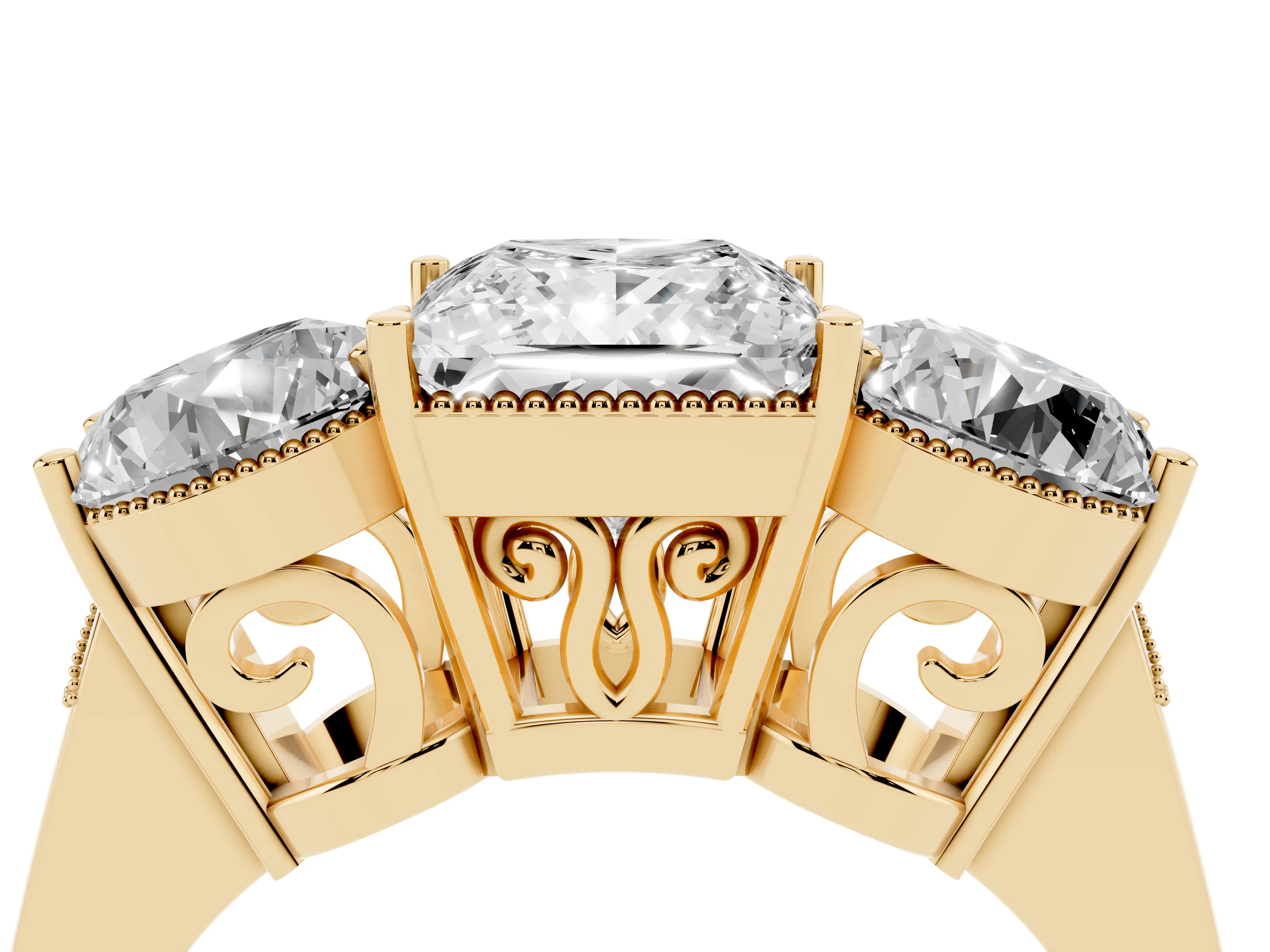 Princess Cut Diamond Three-Stone Engagement Ring Set in Yellow gold with Polished Band