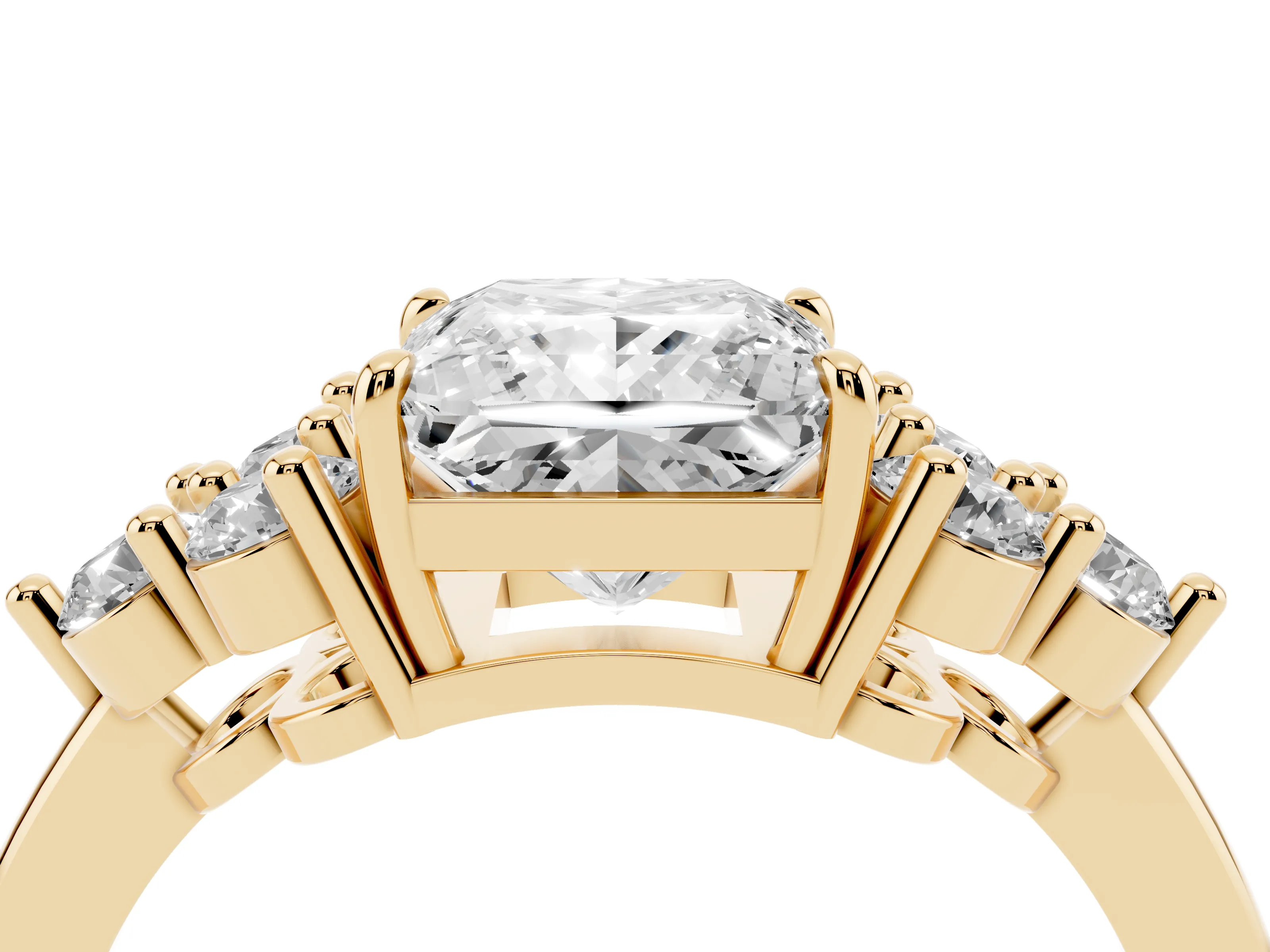Princess Cut Diamond Solitaire Ring Set in Yellow gold with Cluster Accents on Each Side