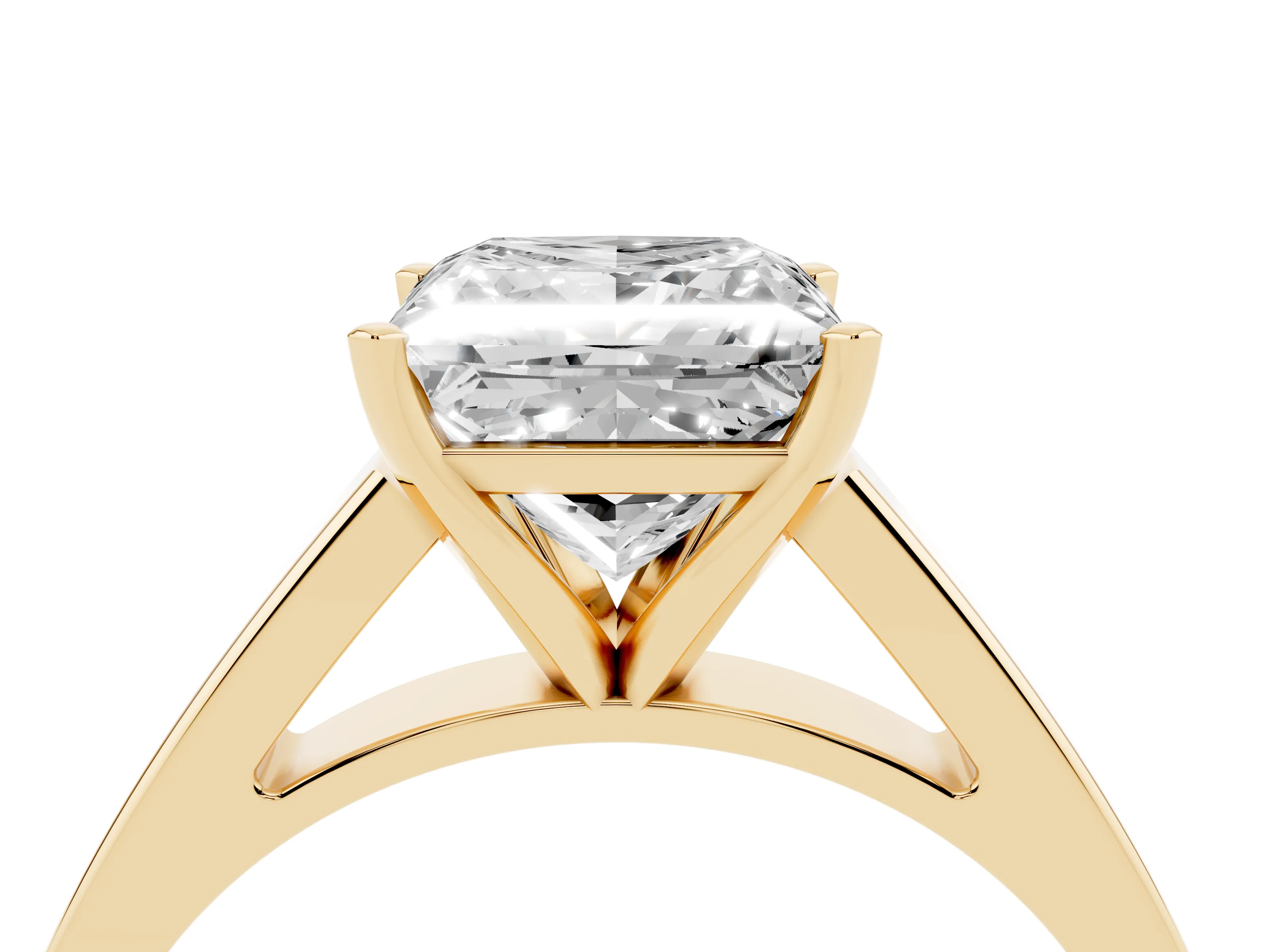 Princess Cut Diamond Solitaire Engagement Ring Set in Yellow gold with Prong Setting and Tapered Band