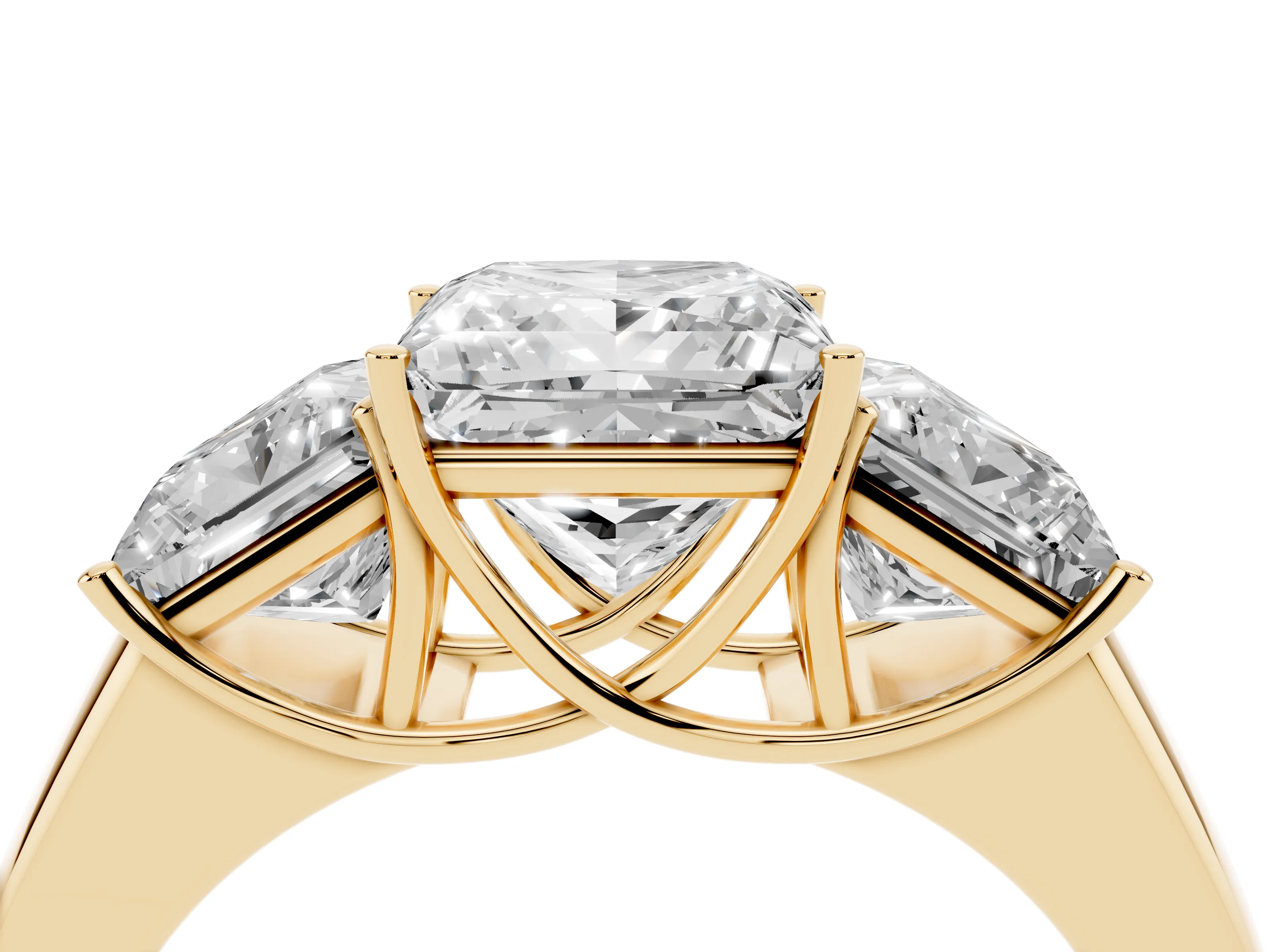 Three-Stone Princess Cut Diamond Ring Set in Yellow gold with Matching Prong Settings and Plain Band