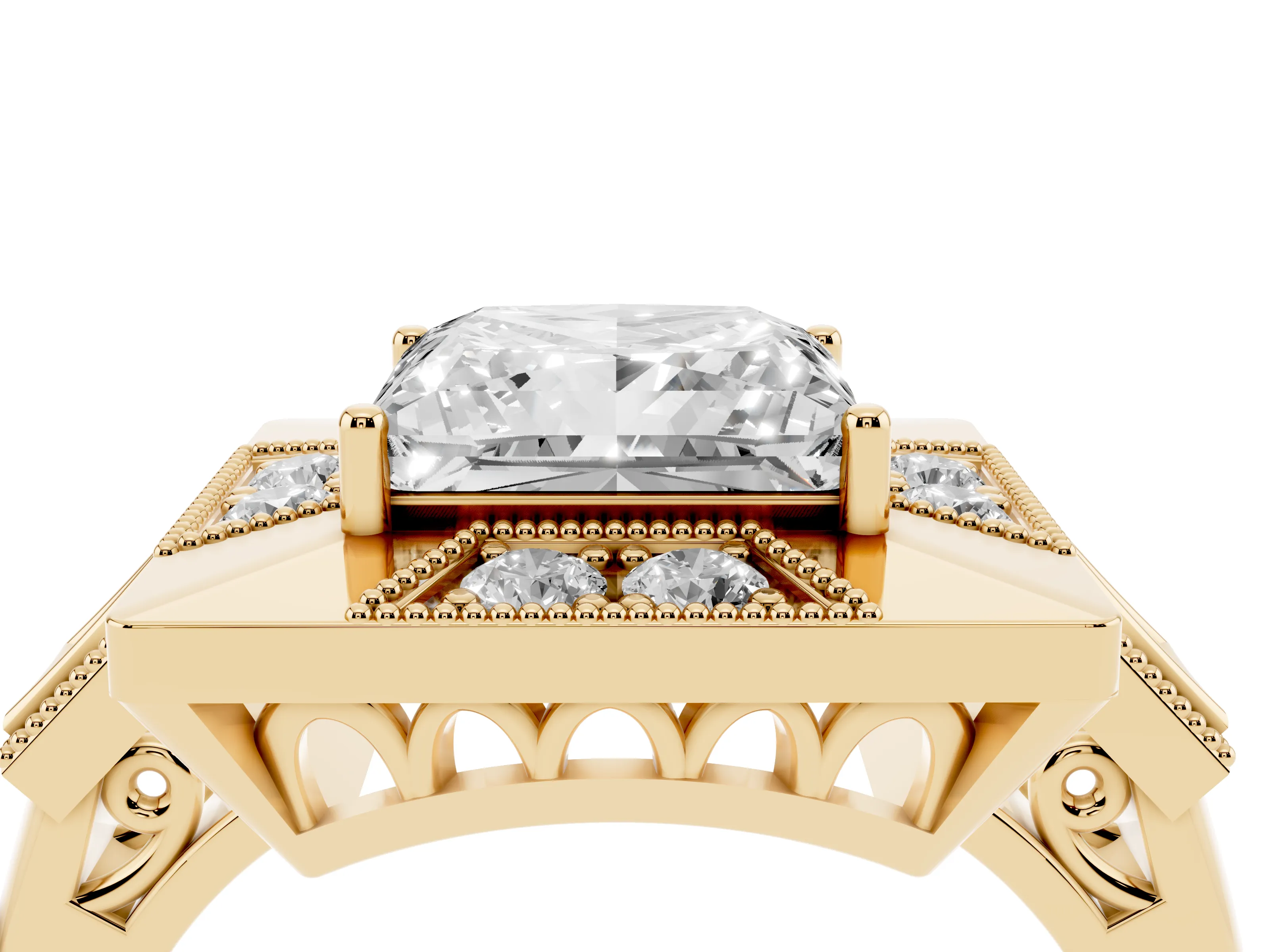 Princess Cut Diamond Milgrain Halo Ring Set in Yellow gold with Split Shank