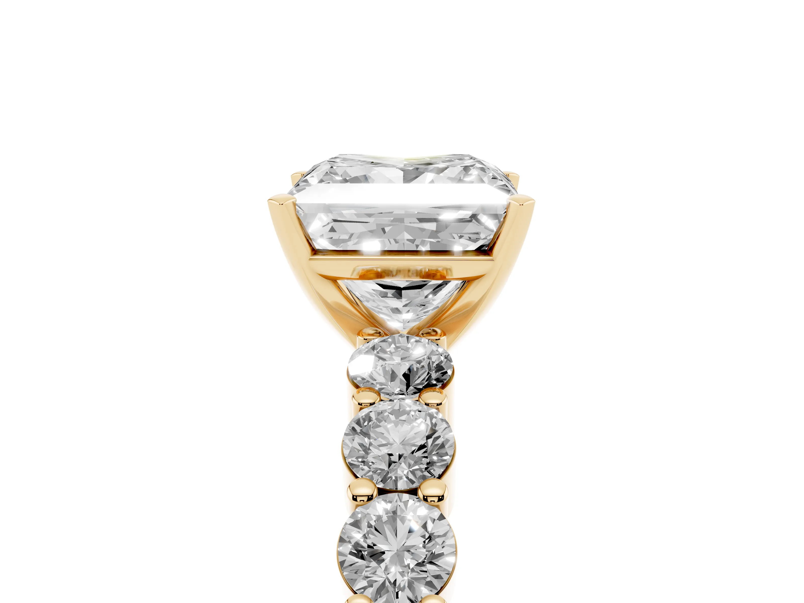 Princess Cut Diamond Solitaire Ring Set in Yellow gold with Shared Prong Round Side Stones