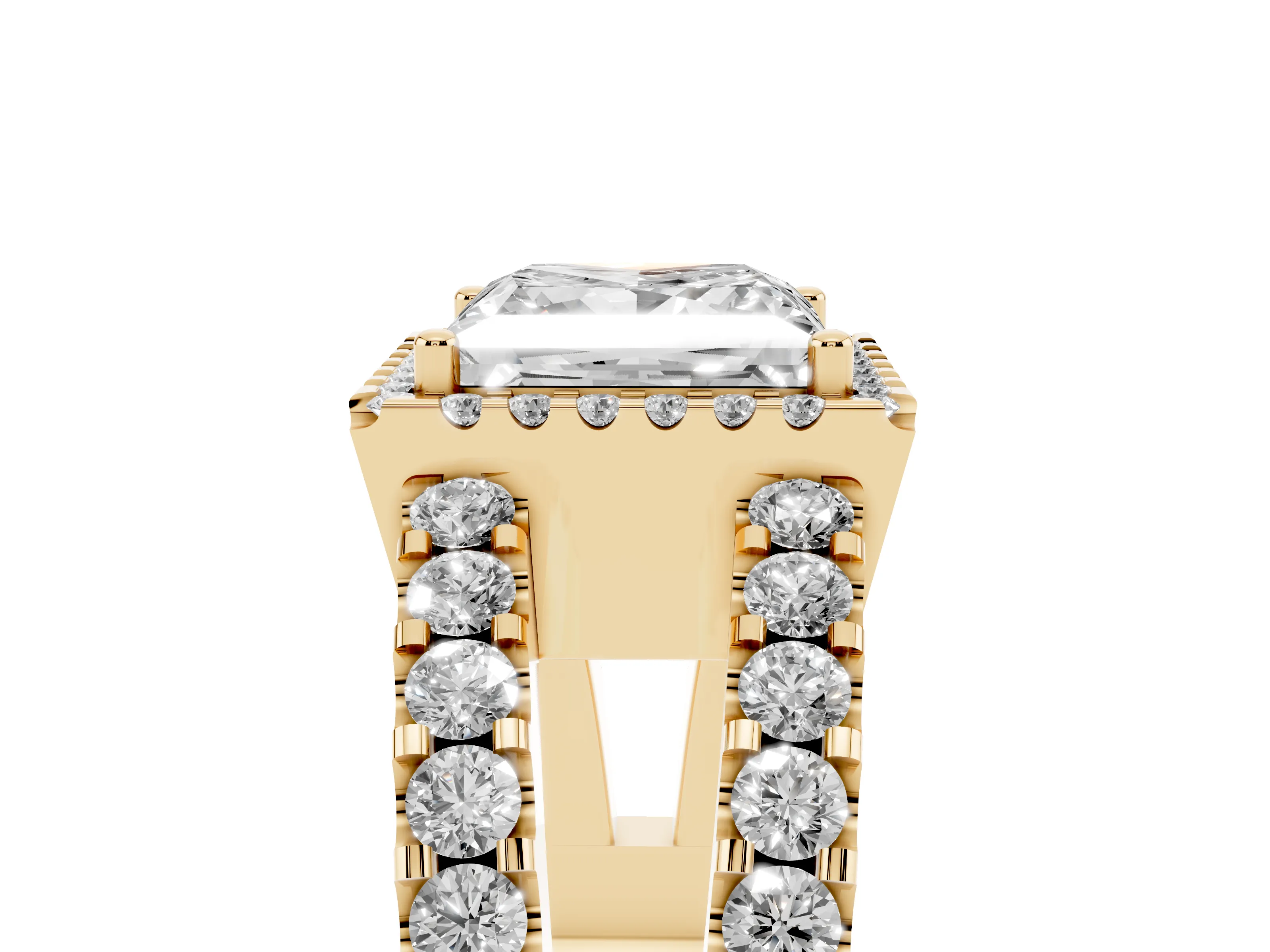 Princess Cut Diamond Halo Ring Set in Yellow gold with Pavé Split Shank and Prong Setting