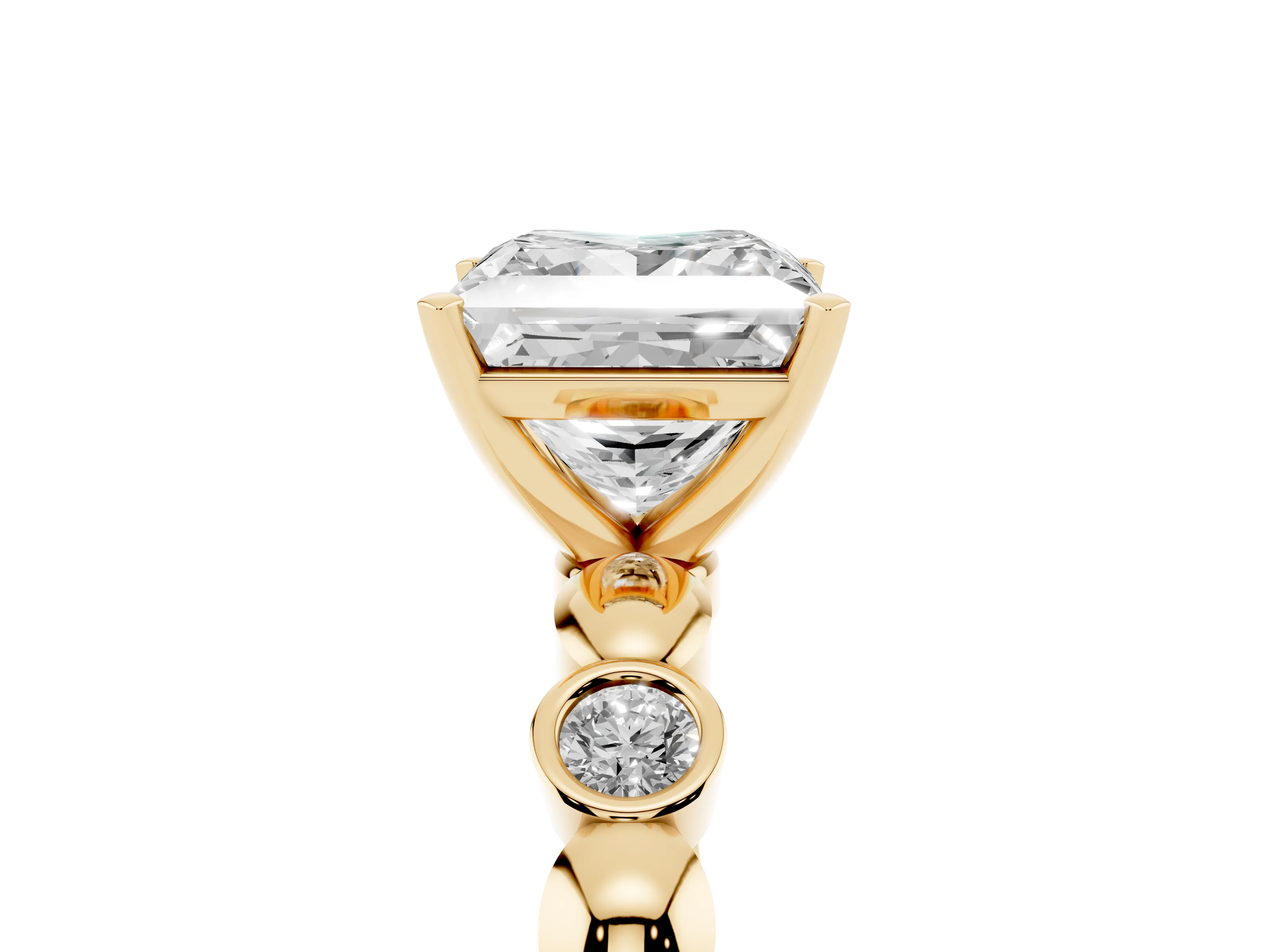 Princess Cut Diamond Solitaire Ring Set in Yellow gold with Bezel-Set Accents on Beaded Band and Prong Setting