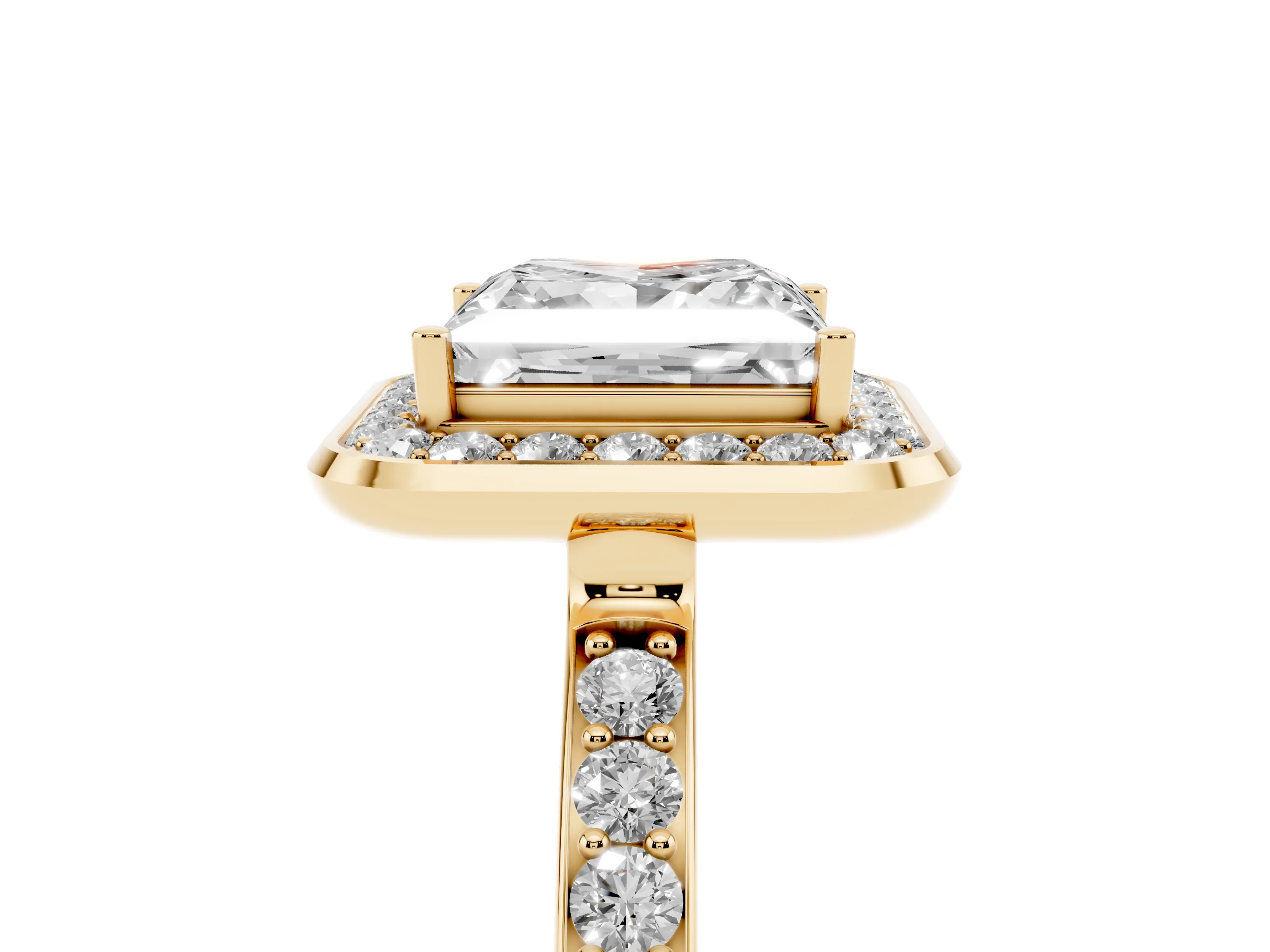 Princess Cut Diamond Halo Ring Set in Yellow gold with Bezel Frame and Pavé Band