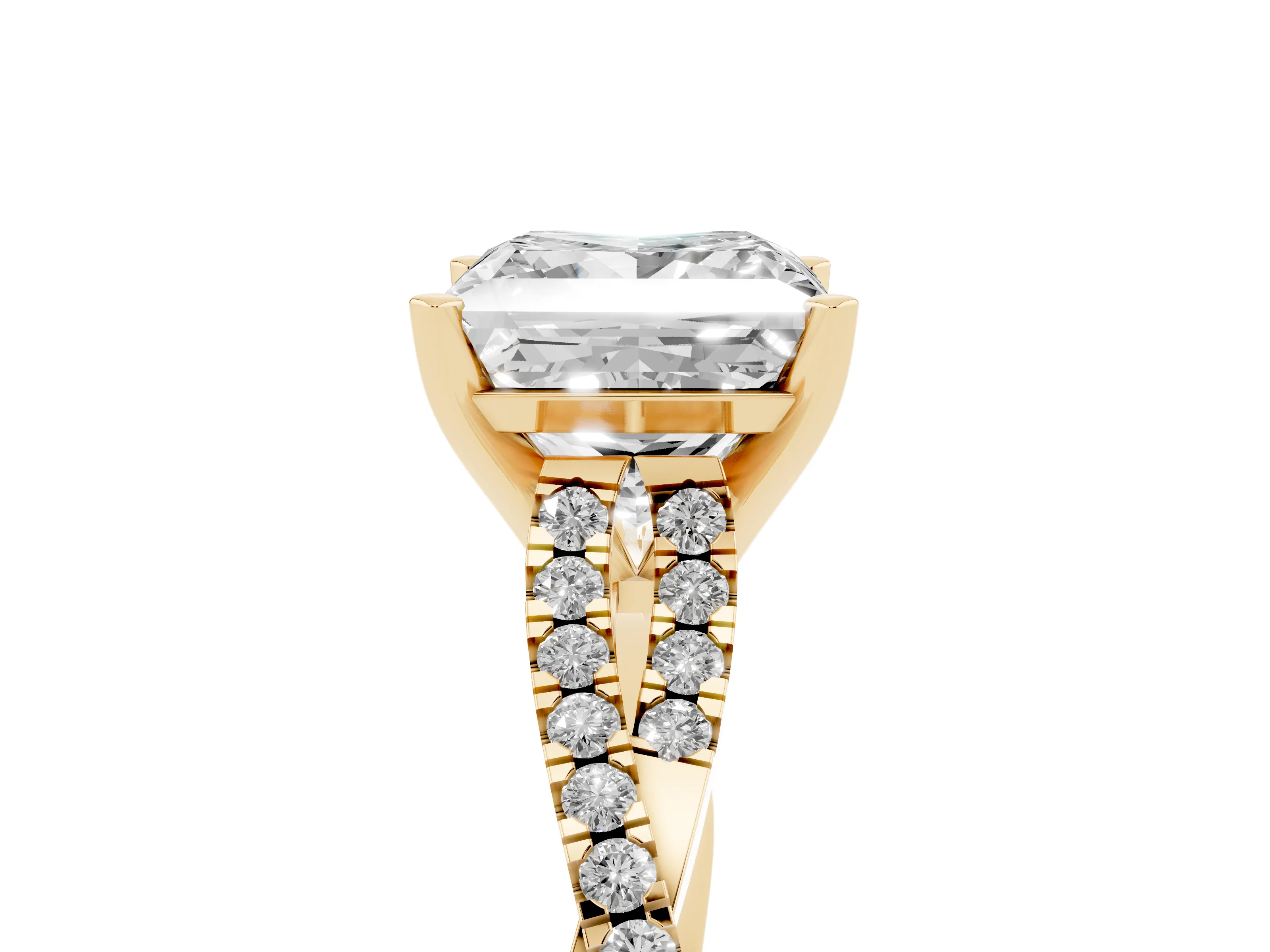 Princess Cut Diamond Solitaire Engagement Ring Set in Yellow gold with Twisted Pavé Band and Prong Setting