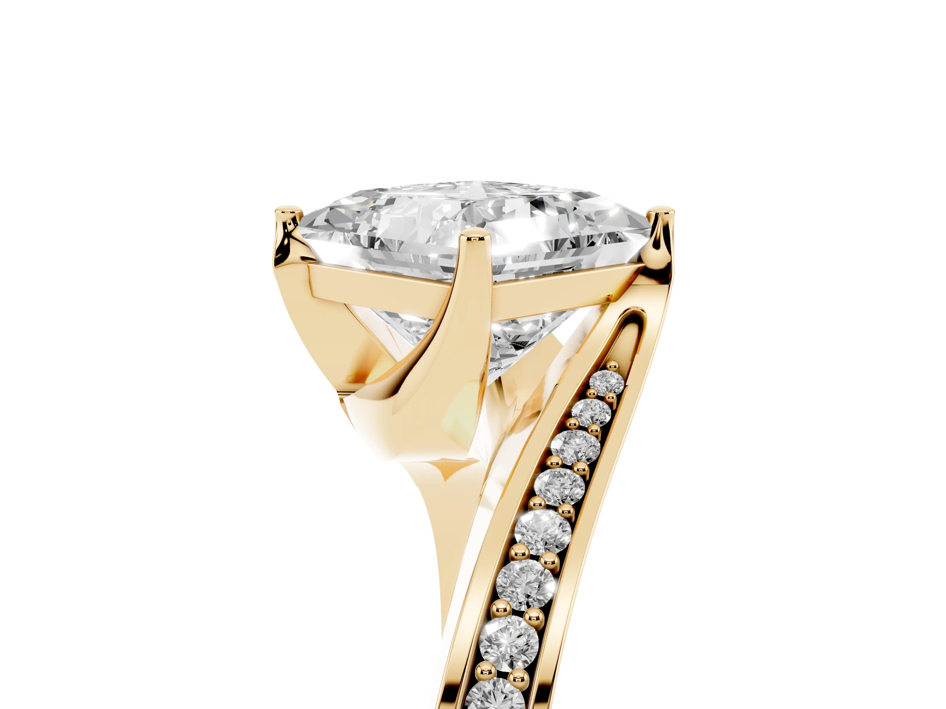 Princess Cut Diamond Solitaire Ring Set in Yellow gold with Intertwined Pavé Twist Band