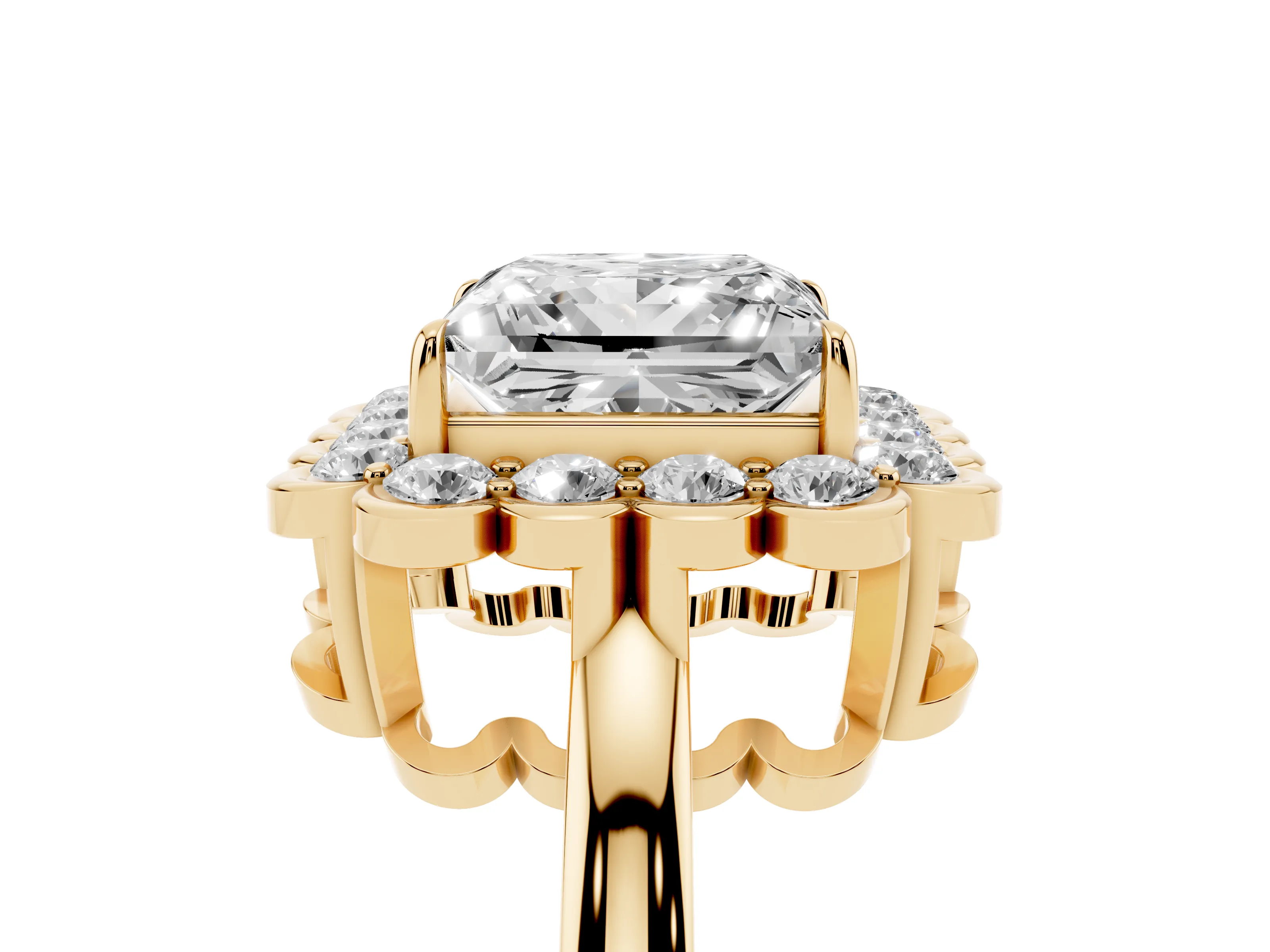Princess Cut Diamond Halo Cluster Engagement Ring Set in Yellow gold with Solitaire Band and Prong Setting