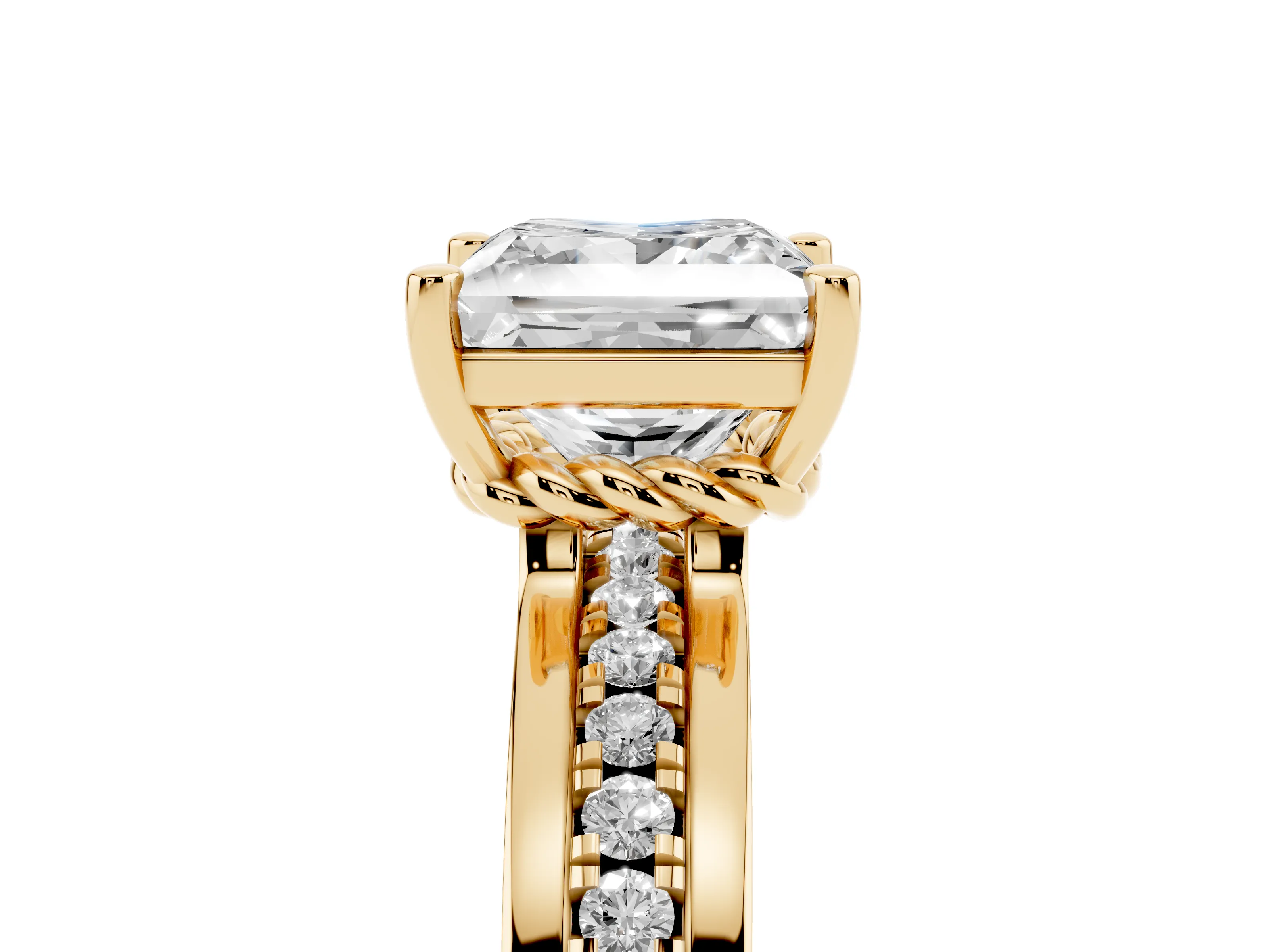 Princess Cut Diamond Solitaire Ring Set in Yellow gold with Channel Set Band and Prong Setting