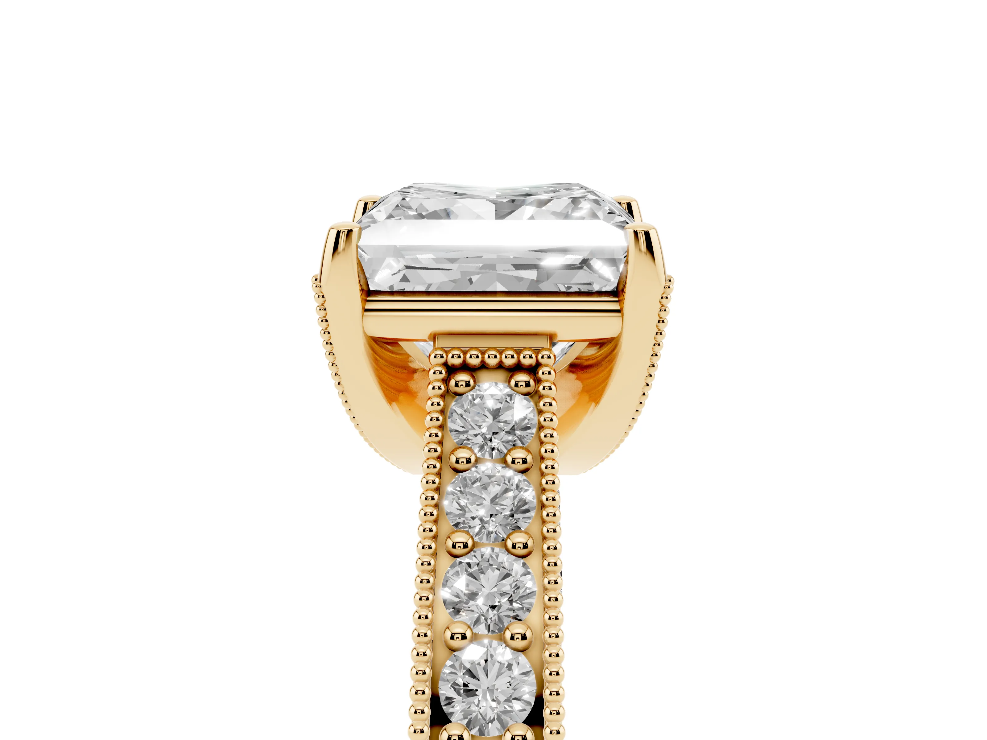 Princess Cut Diamond Solitaire Ring Set in Yellow gold with Milgrain-Edged Pavé Band and Prong Setting