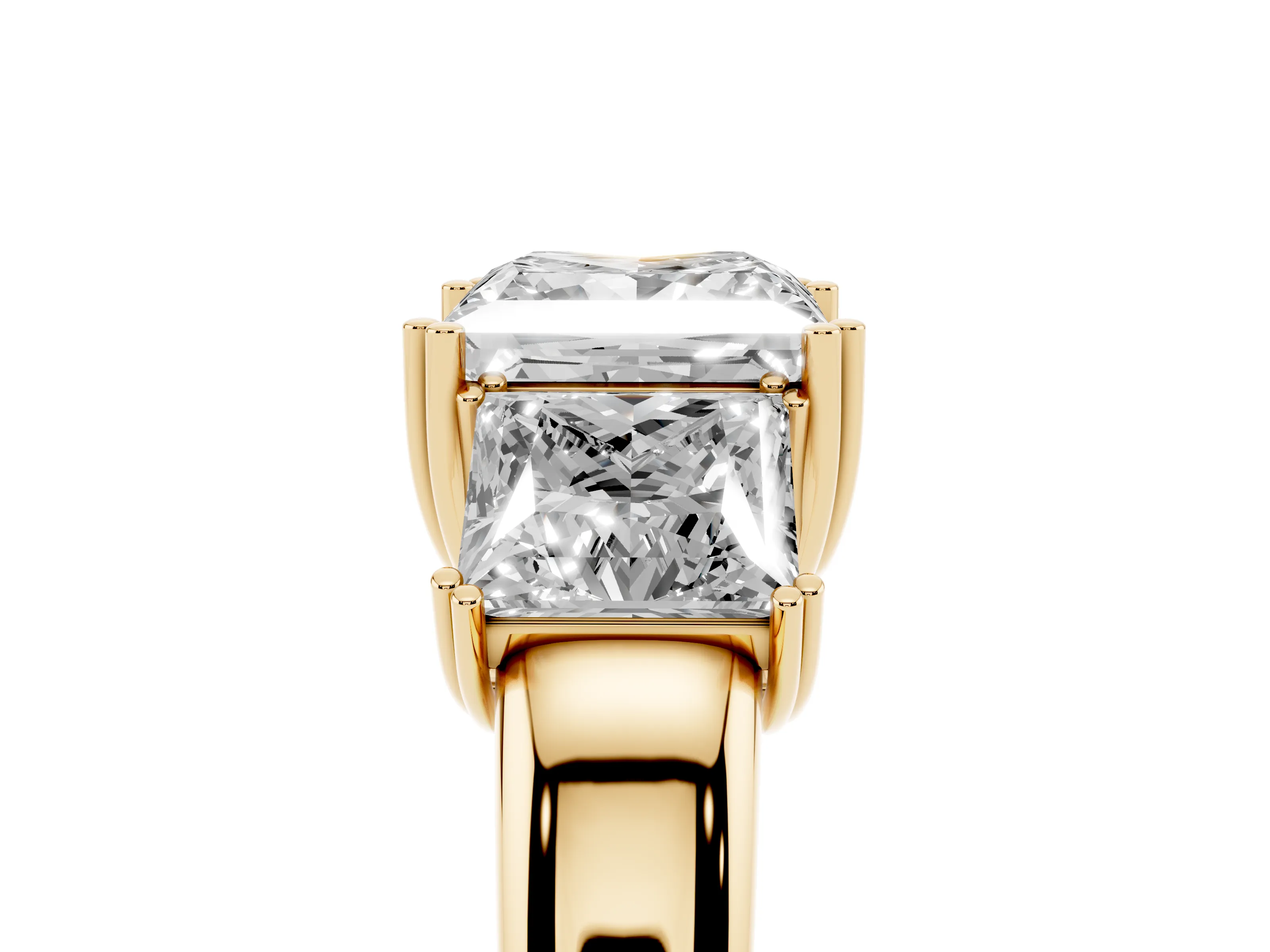 Princess Cut Diamond Three-Stone Ring Set in Yellow gold with Polished Channel-Set Band