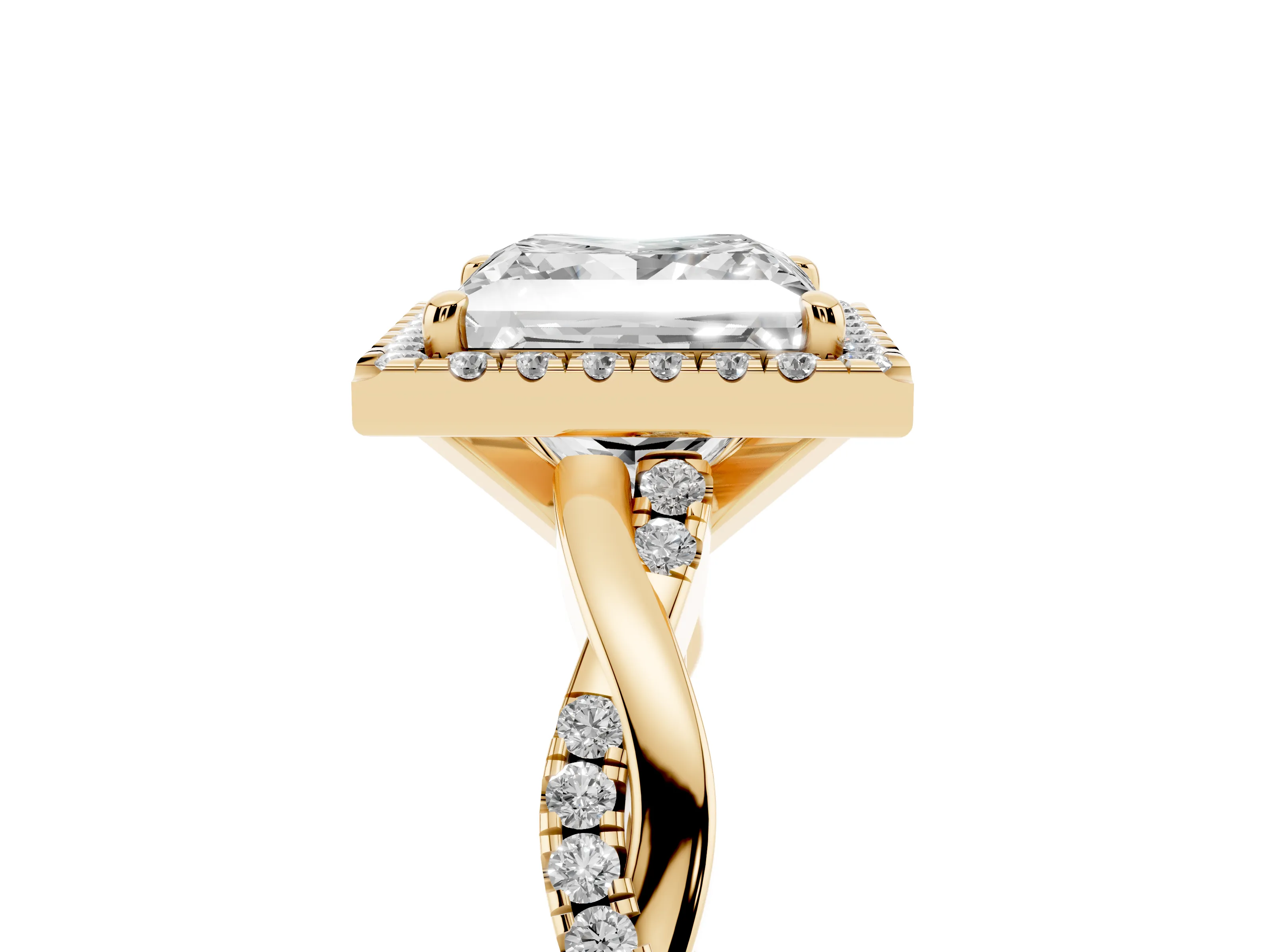 Princess Cut Diamond Halo Twisted Band Ring Set in Yellow gold with Prong Setting