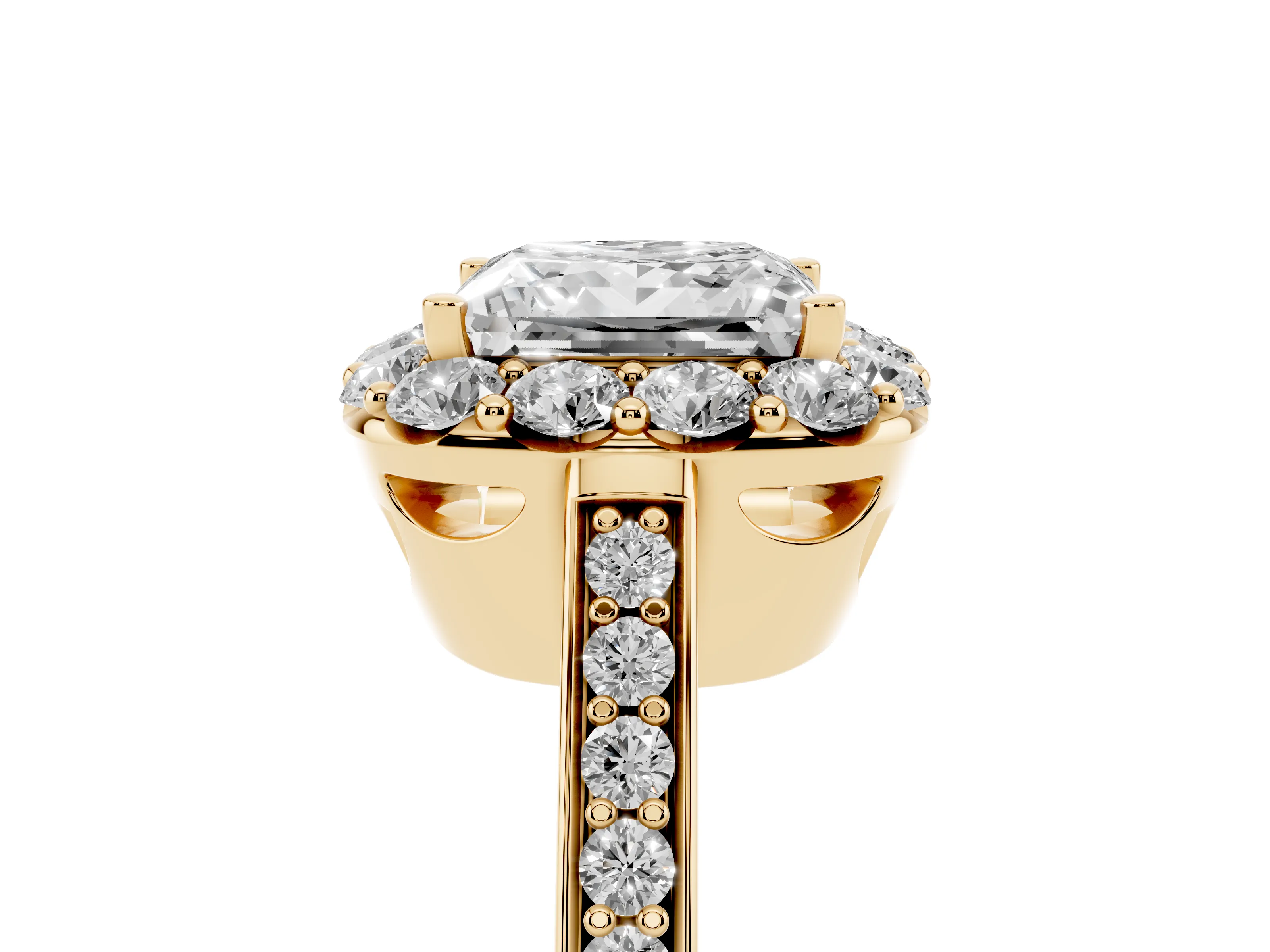 Princess Cut Diamond Floral Halo Ring Set in Yellow gold with Pavé Band and Prong Setting