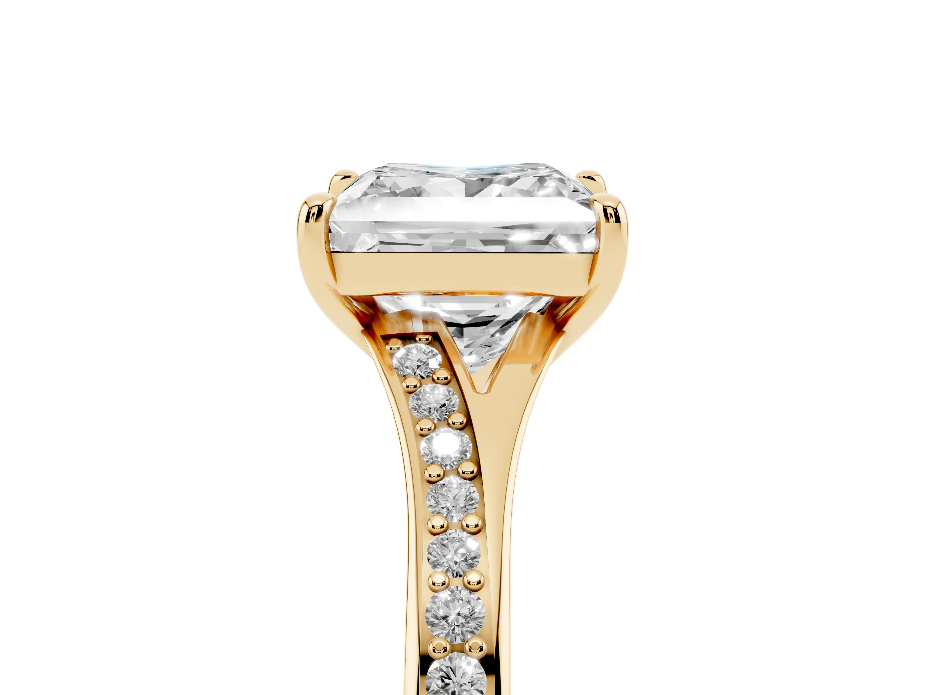 Princess Cut Diamond Solitaire Ring Set in Yellow gold with Pavé Accent Band and Classic Prong Setting