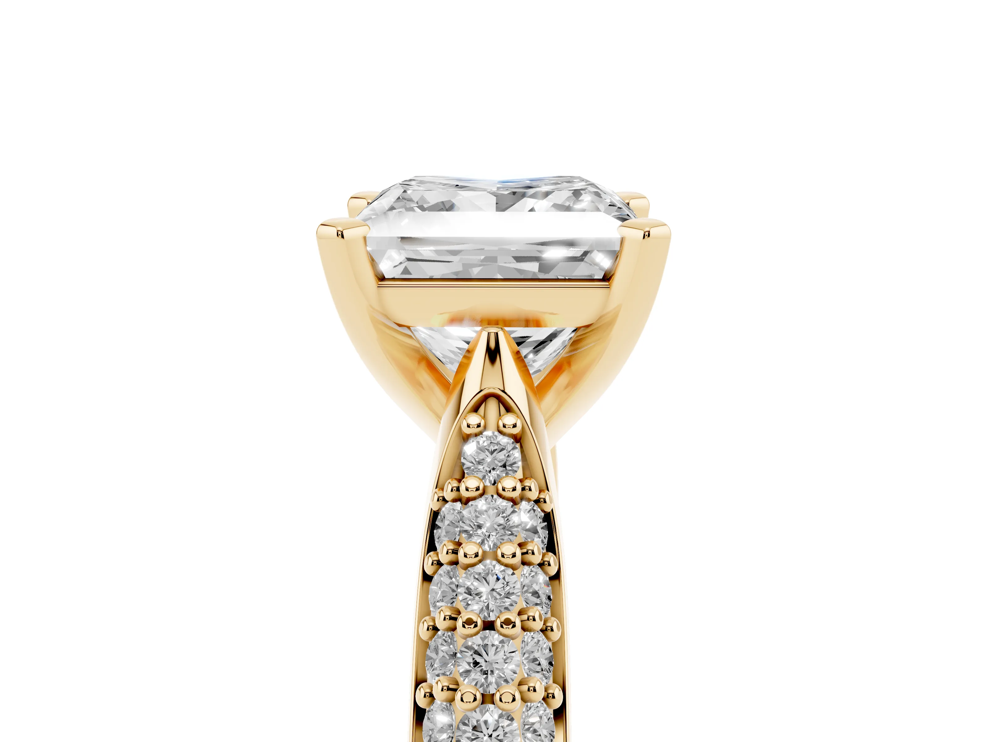 Princess Cut Diamond Solitaire Engagement Ring Set in Yellow gold with Multi-Row Round Pavé Band and Prong Setting