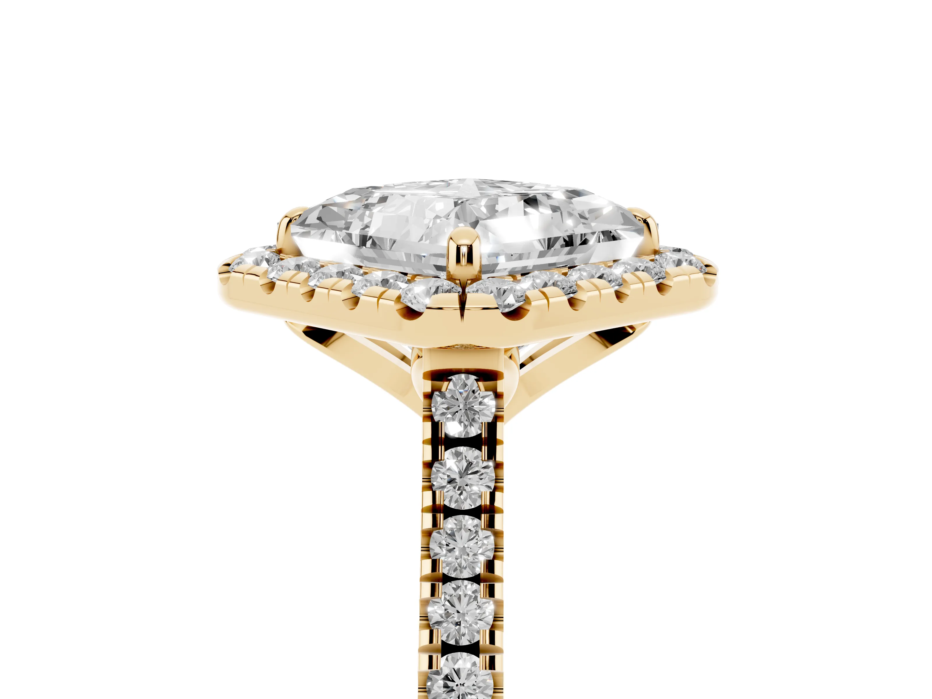 Princess Cut Diamond Cushion Halo Ring Set in Yellow gold with Pavé Band