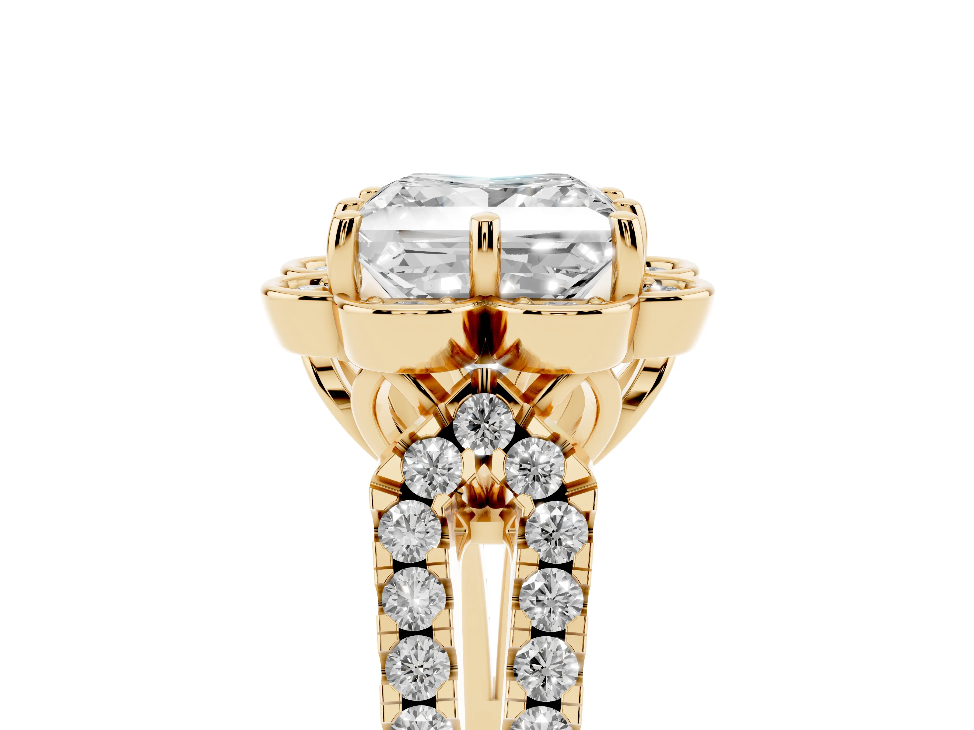 Princess Cut Diamond Floral Halo Split Shank Engagement Ring Set in Yellow gold with Pavé Shank