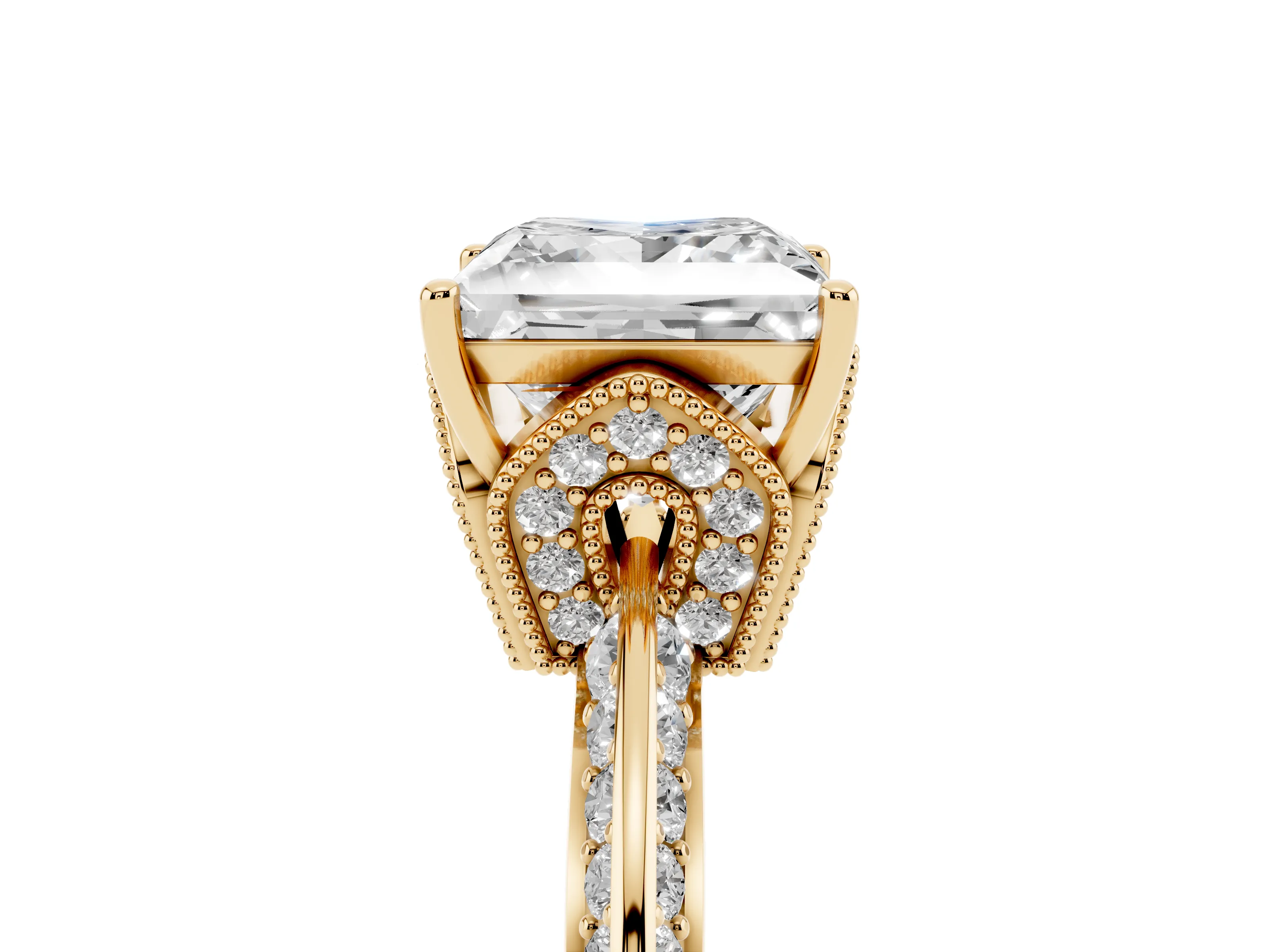 Princess Cut Diamond Solitaire Engagement Ring Set in Yellow gold with Pavé Split Shank and Prong Setting
