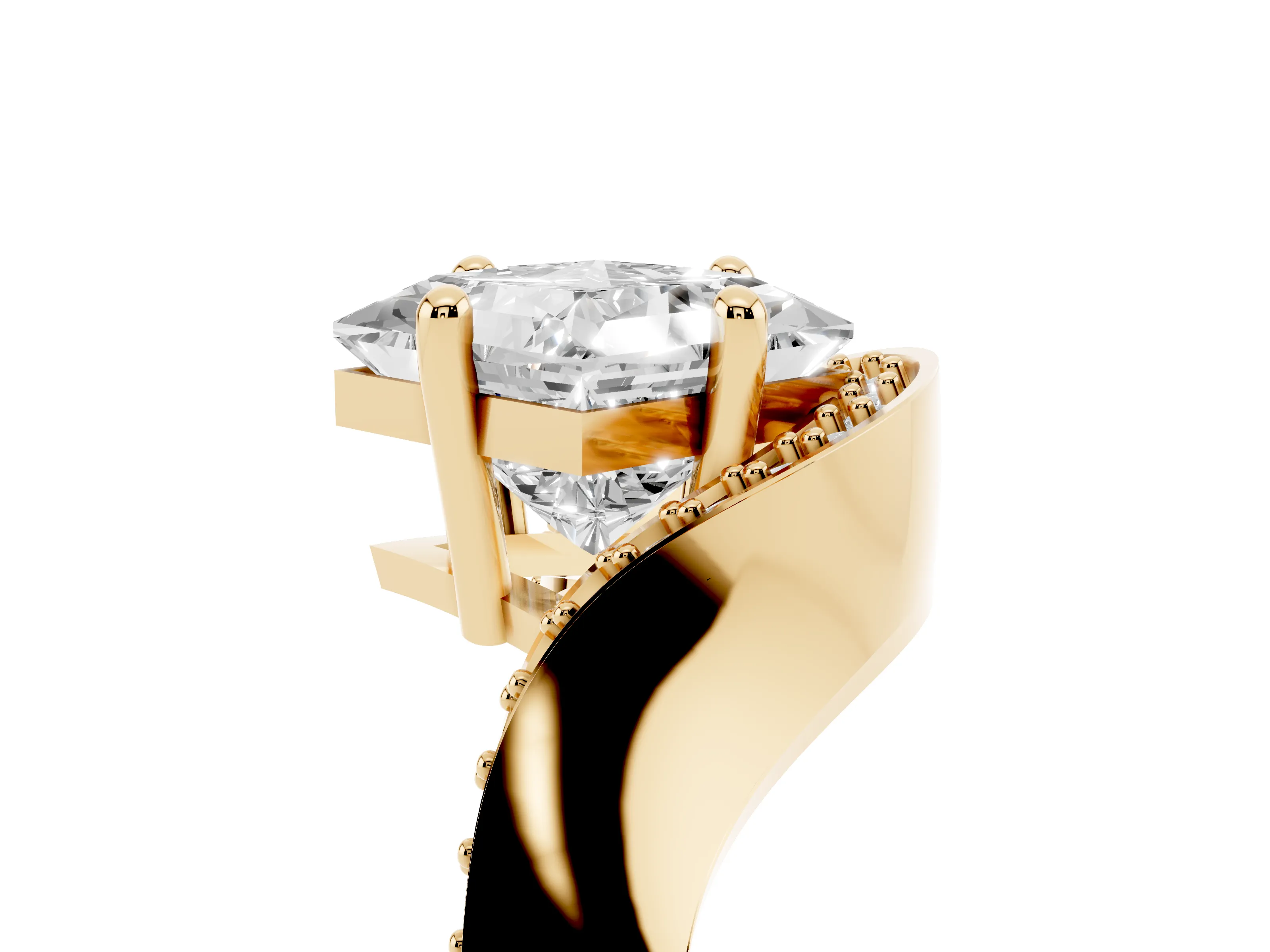 Princess Cut Diamond Solitaire Engagement Ring Set in Yellow gold with Pavé Shoulders