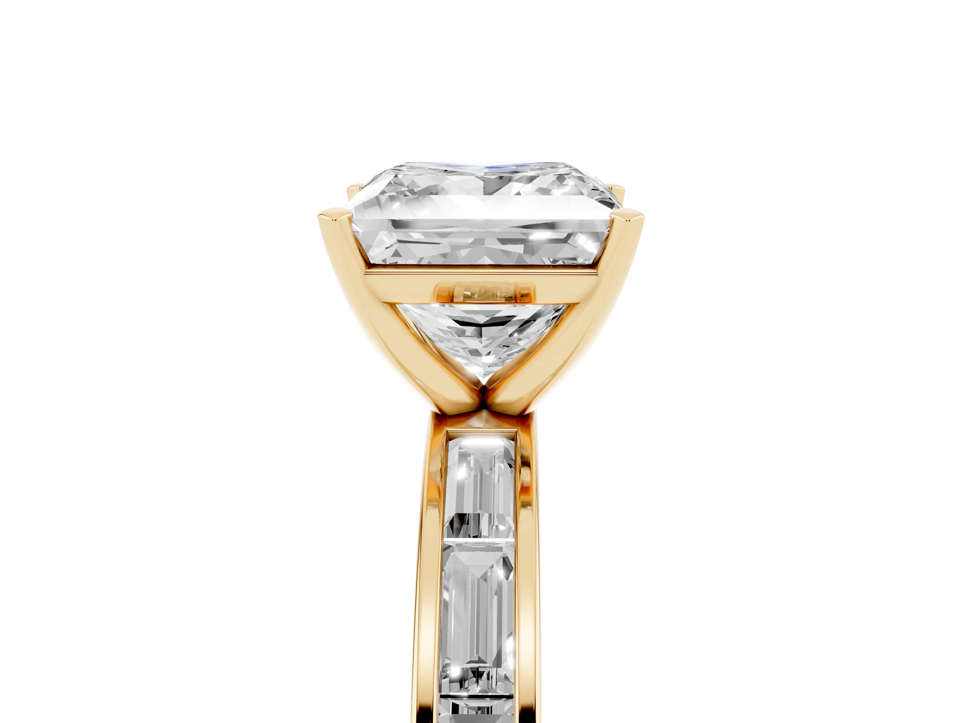 Princess Cut Diamond Solitaire Ring Set in Yellow gold with Channel-Set Baguette Band and Prong Setting