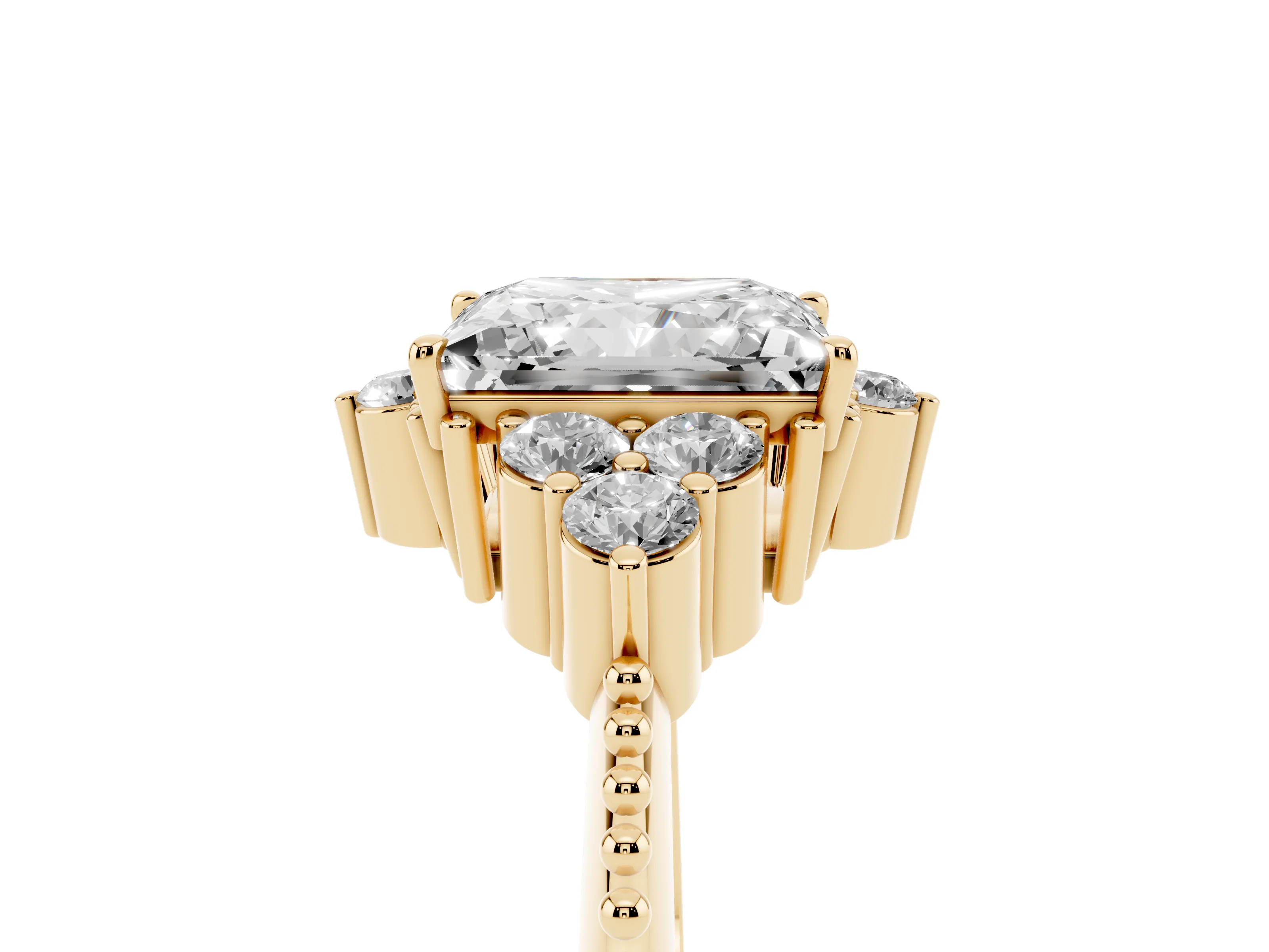 Princess Cut Diamond Cluster Ring Set in Yellow gold with Beaded Band