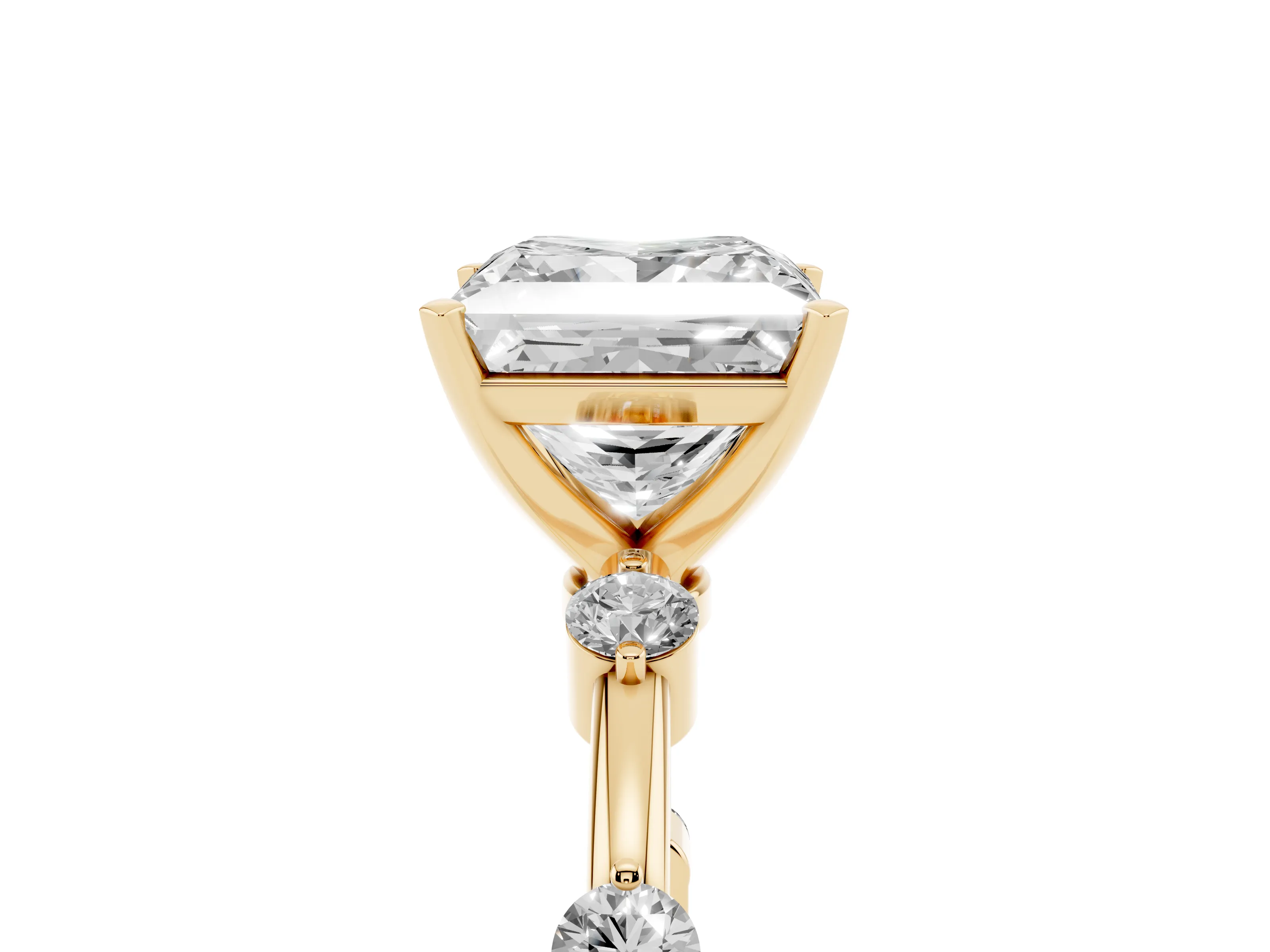 Princess Cut Diamond Solitaire Ring Set in Yellow gold with Bezel Set Side Stones and Prong Setting