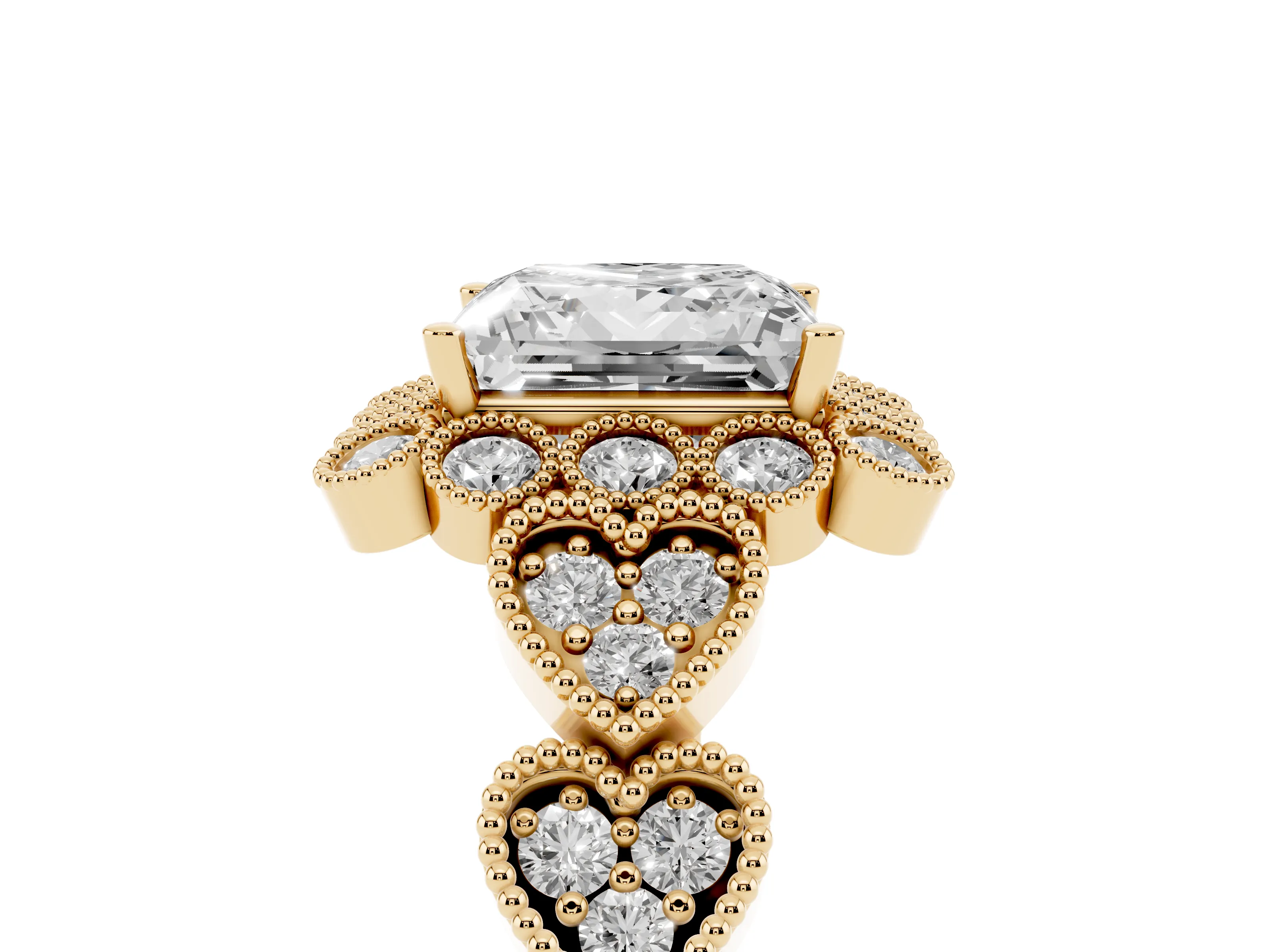 Princess Cut Diamond Solitaire Ring Set in Yellow gold with Milgrain Pavé Heart Band