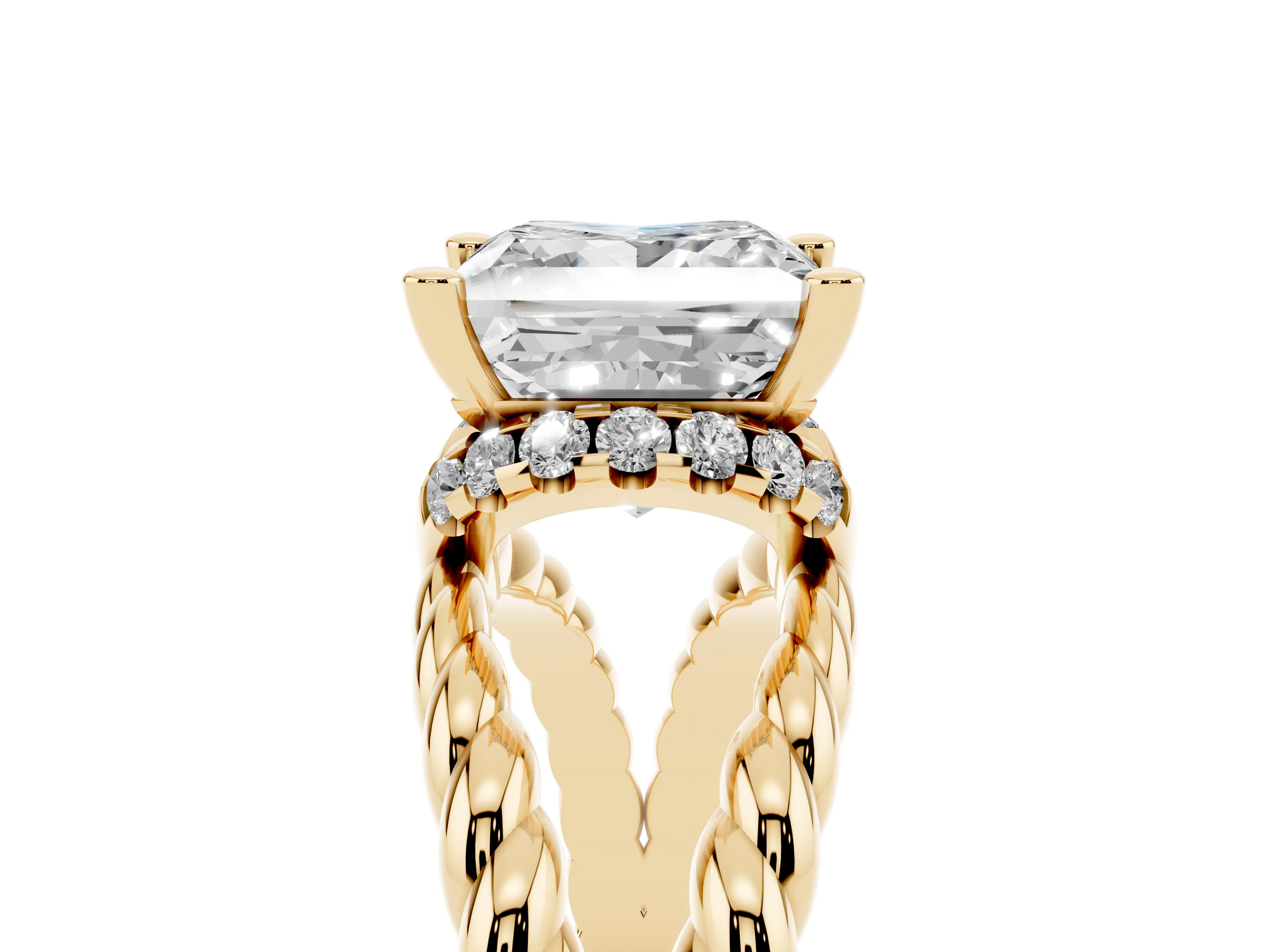 Princess Cut Diamond Halo Ring Set in Yellow gold with Twisted Band and Prong Setting