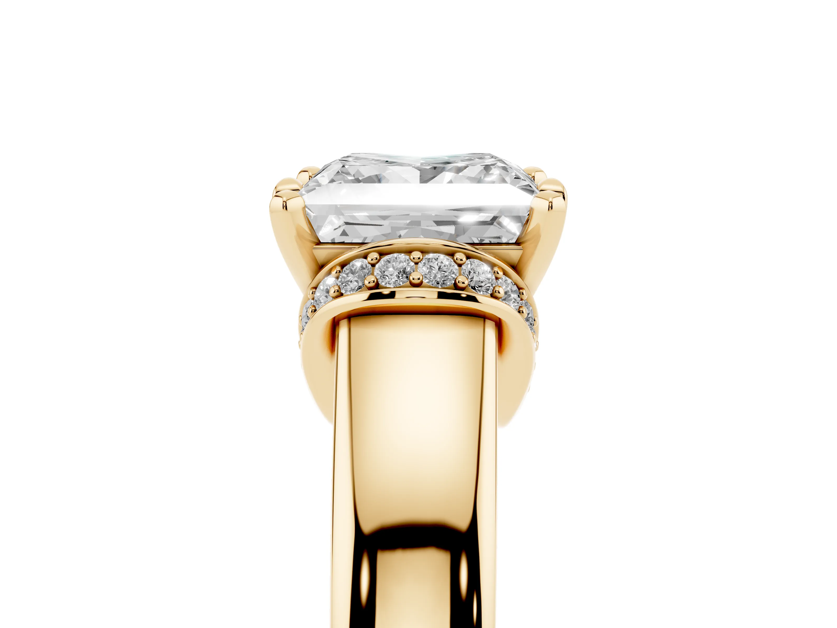 Princess Cut Diamond Pavé Band Solitaire Ring Set in Yellow gold with Prong Setting